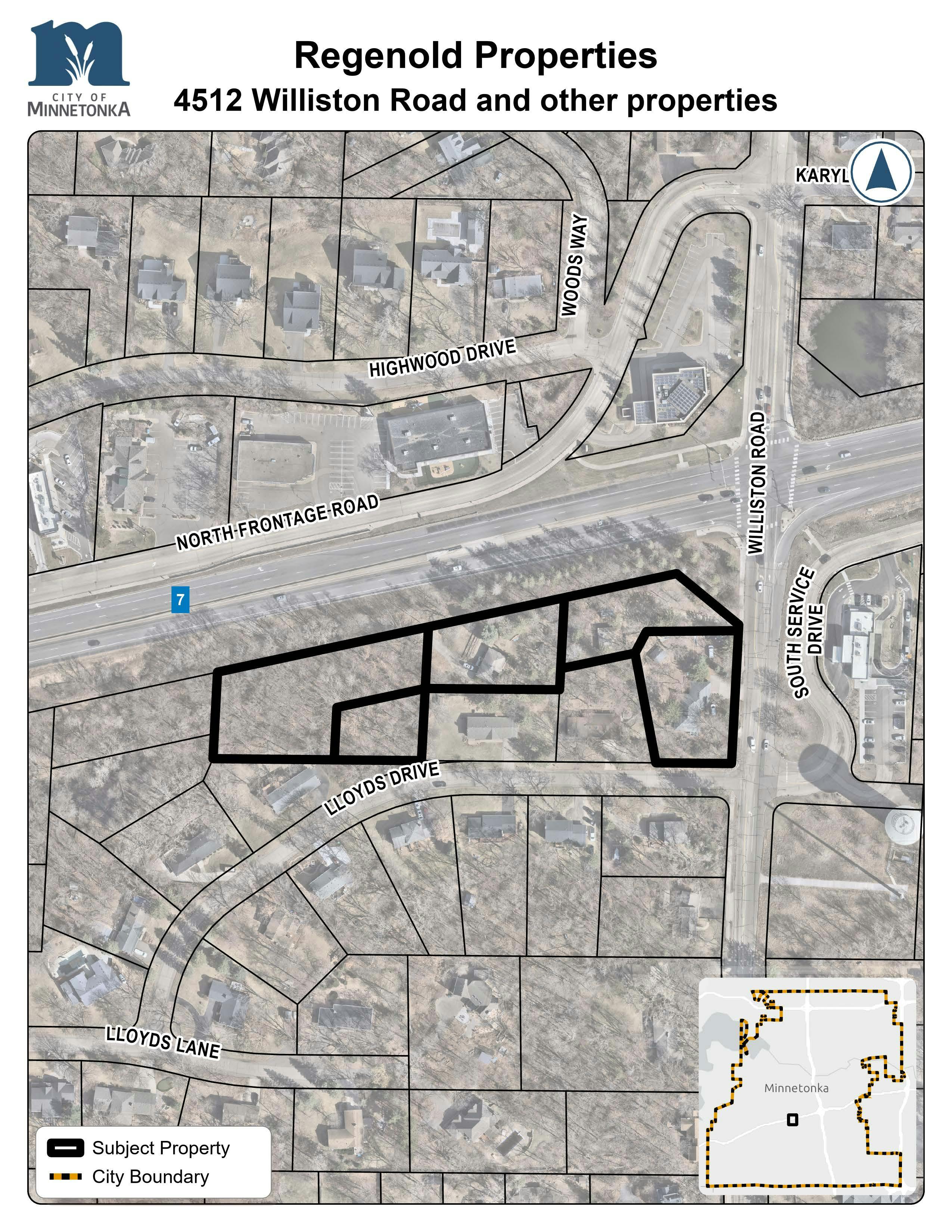 Alt text: A map showing several adjacent parcels outlined in black between Lloyd’s Drive and North Frontage Road, near Williston Road and the city boundary.