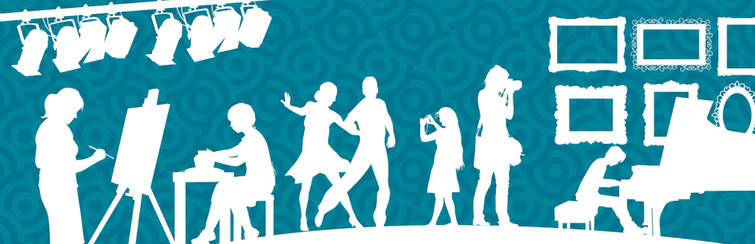 Graphic with icons showing different cultural arts services, such as dance classes, exhibit and performances