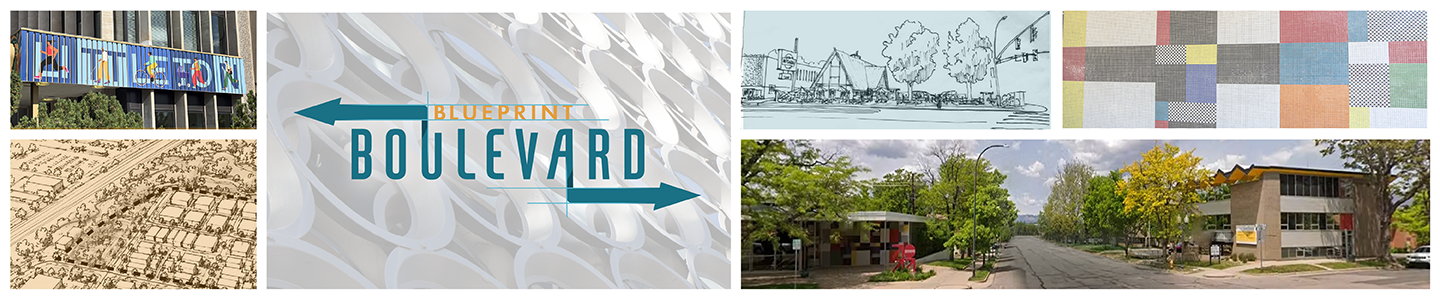 Collage of architectural elements, street view, sign reading “Blueprint Boulevard,” sketches, and colorful patchwork pattern.
