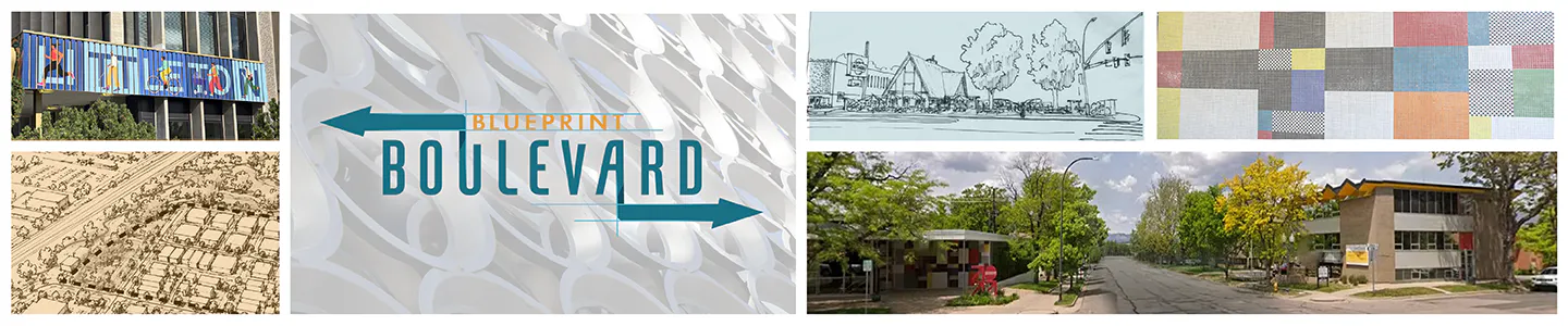 Collage of architectural elements, street view, sign reading “Blueprint Boulevard,” sketches, and colorful patchwork pattern.