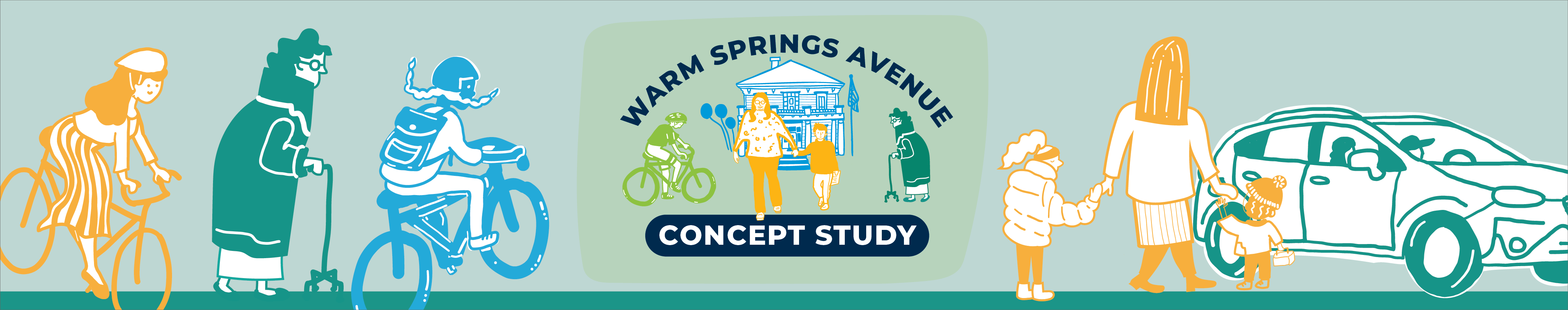 Warm Springs Avenue Concept Study logo with bicyclists, pedestrians and car. 