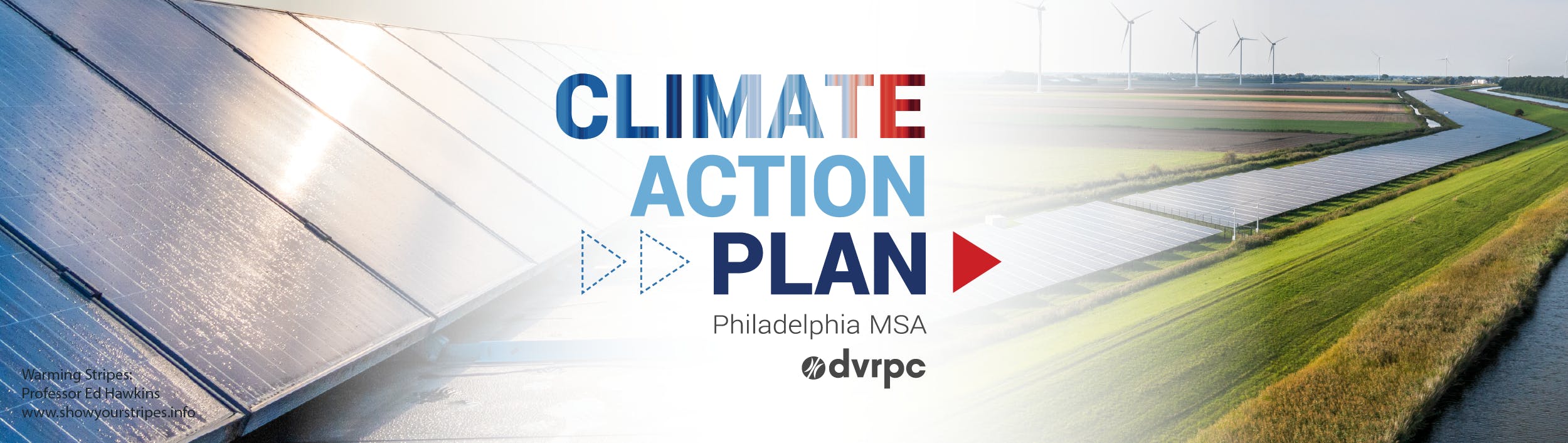 from left to right: solar panels, Climate Action Plan, Philadelphia MSA, DVRPC logo, field with solar panels and wind mills