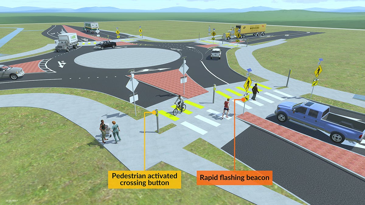 A close-up view of a 3D model of a raised crossing at a splitter island in the proposed roundabout on SR 305 at the High School Road intersection