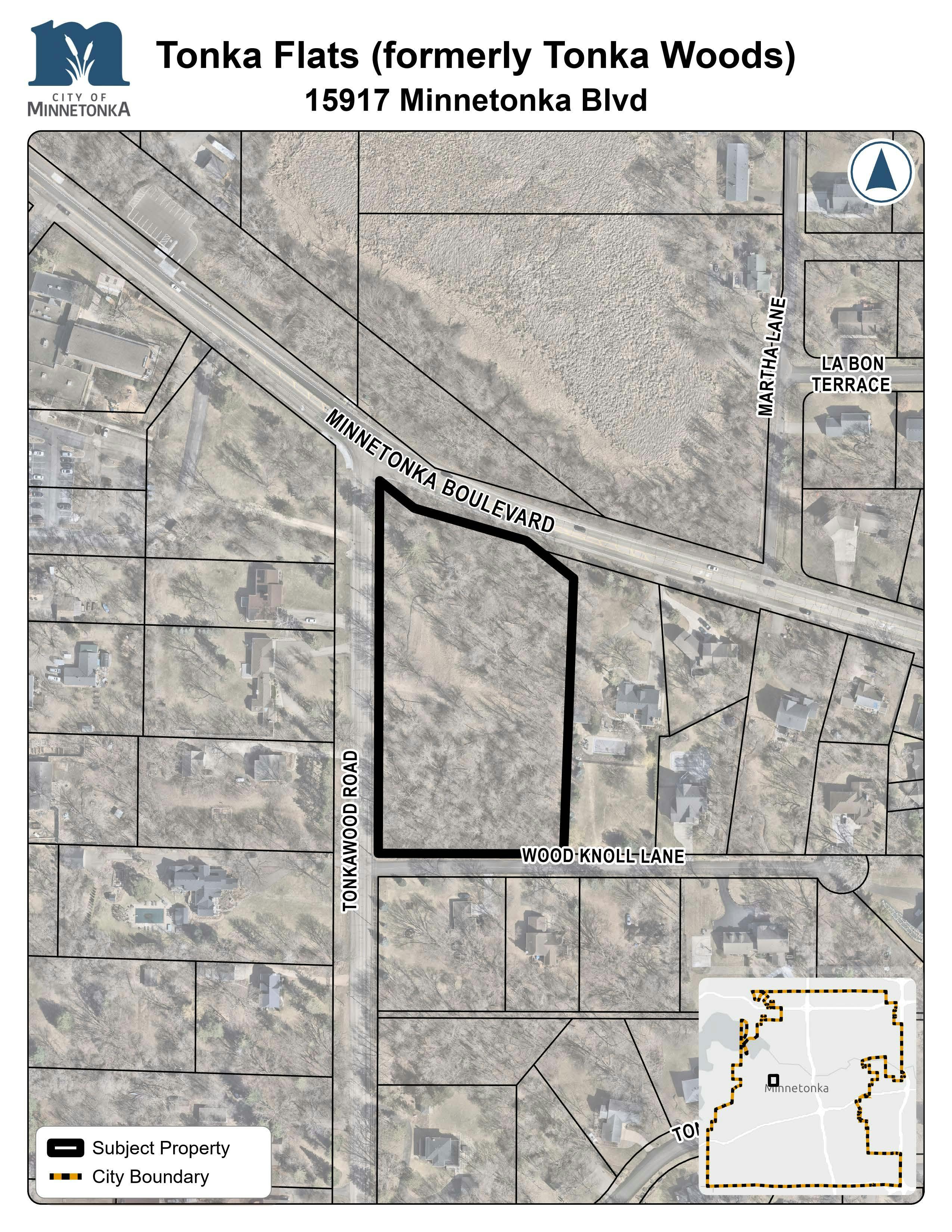A map showing the subject property outlined in black at 15917 Minnetonka Boulevard, located between Minnetonka Boulevard, Tonkawood Road, and Wood Knoll Lane. Nearby residential parcels and a small city boundary inset are also shown.