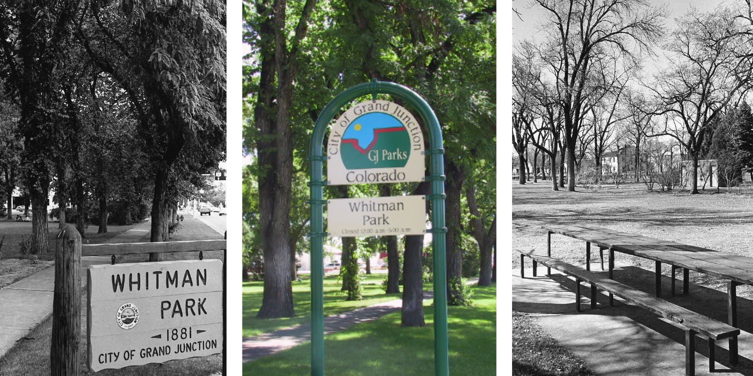 Three images of parks with trees in the pictures. Signs are featured in two of the images.