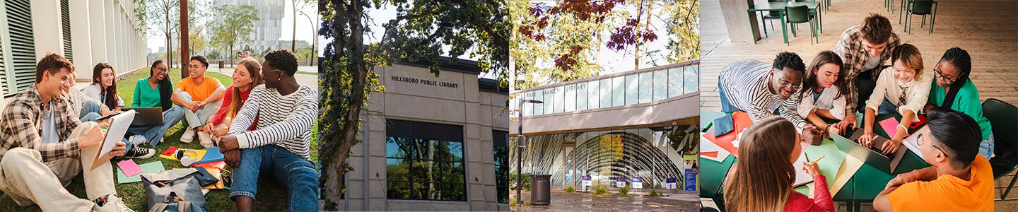 A collage image: students collaborating outside, Brookwood Library exterior, Shute Park Library exterior, group of students