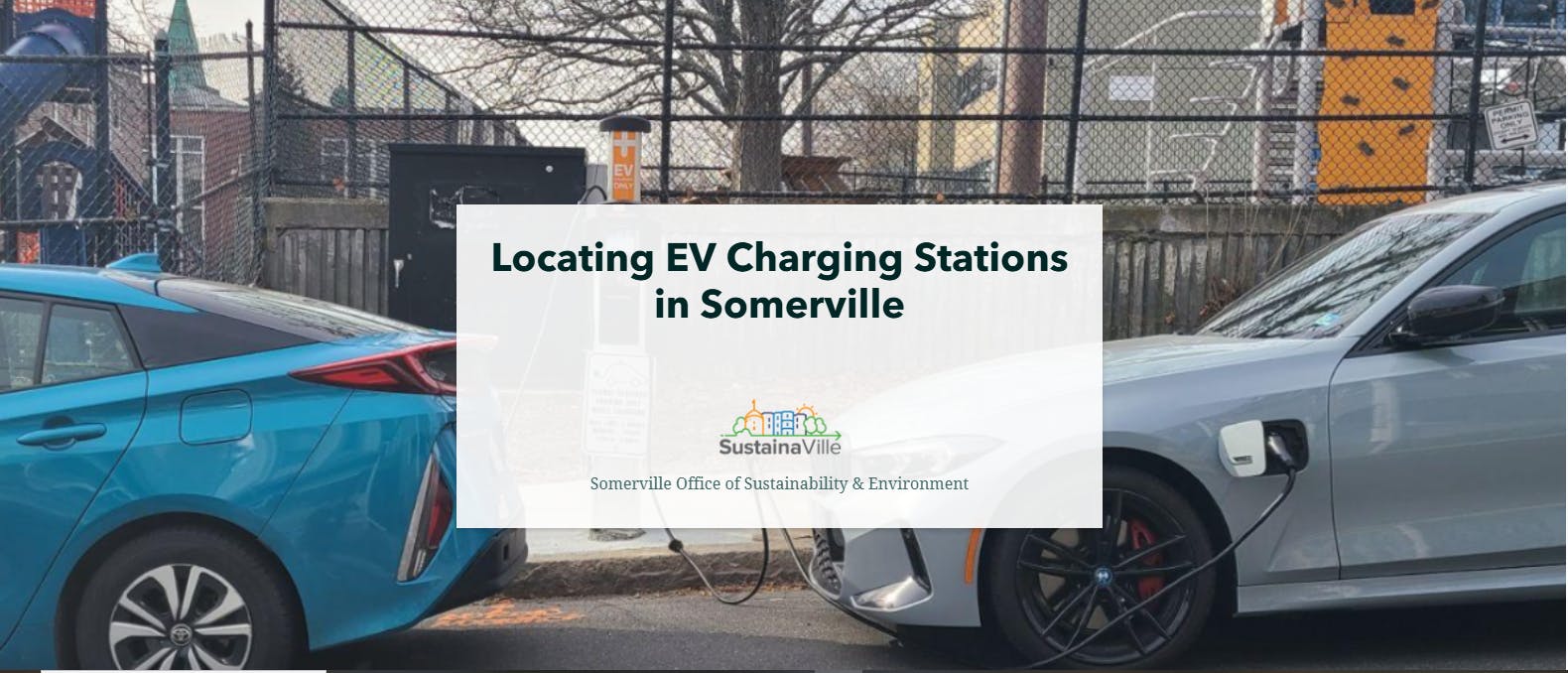 Photo of two cars using an electric vehicle charger with the text "Locating EV Charging Stations in Somerville"