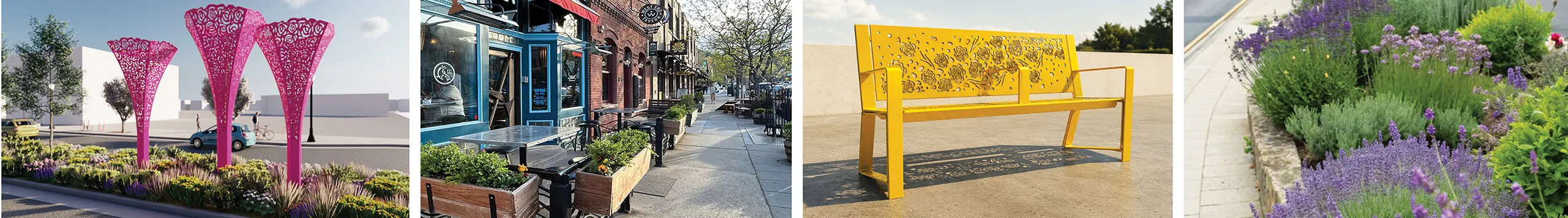 four images of sidewalks, paseos, and alleys on South Broadway, showing the planned art and gardens in the area