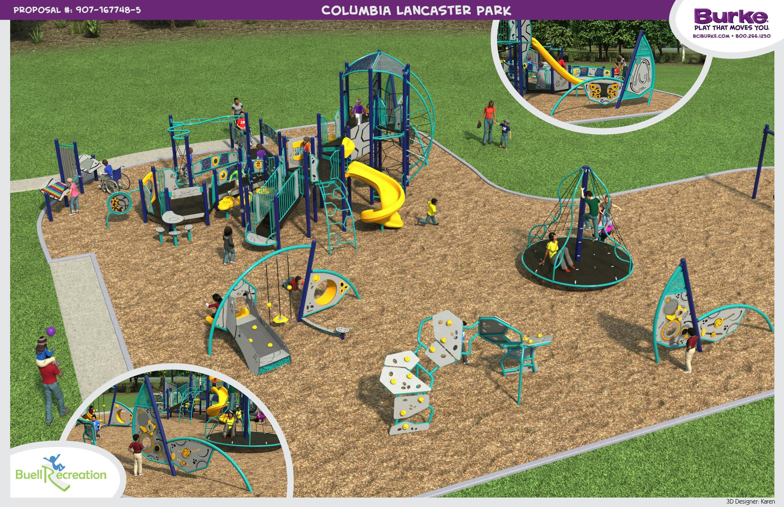 Side aerial view of the Columbia Lancaster playground rendering