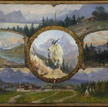 Composite oil painting of five different landscape scenes pertaining to Glacier National Park, with mountain goat in center circular vignette.