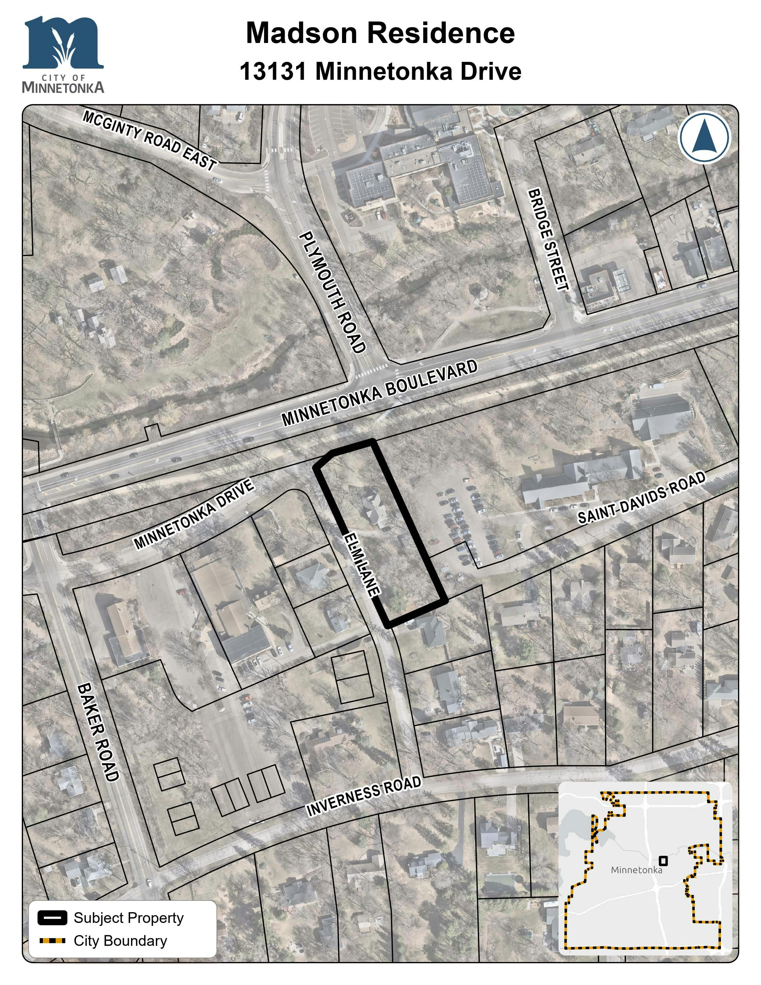 A map showing the subject property outlined in black along Minnetonka Drive near Minnetonka Boulevard, with nearby streets including Elm Lane, Saint David’s Road, and Baker Road.