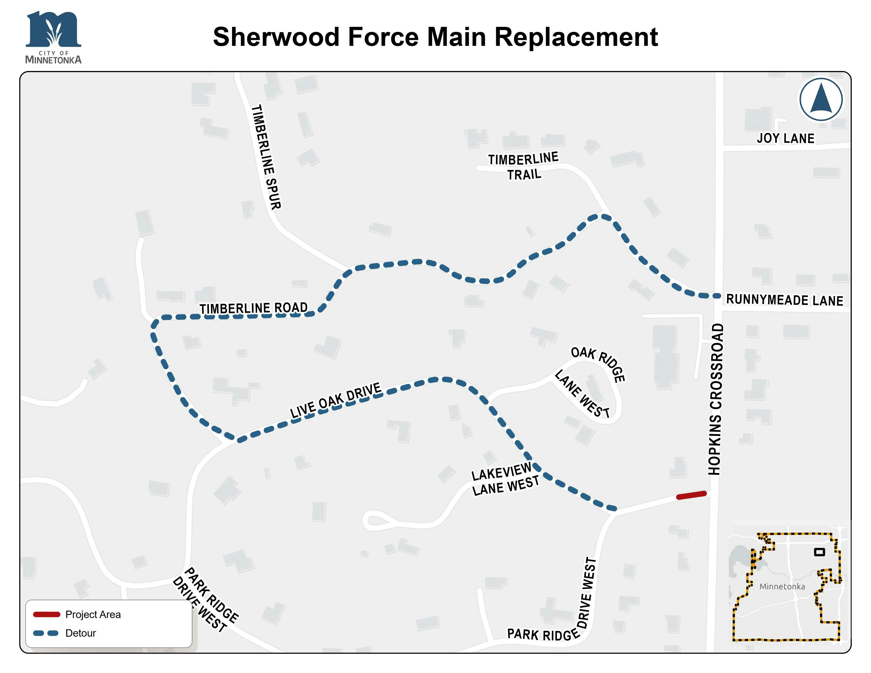 Map showing the Sherwood Force Main Replacement project on Lakeview Lane West near Hopkins Crossroad, with a blue dashed detour route along Timberline Road, Timberline Trail, Runnymede Lane, and Live Oak Drive