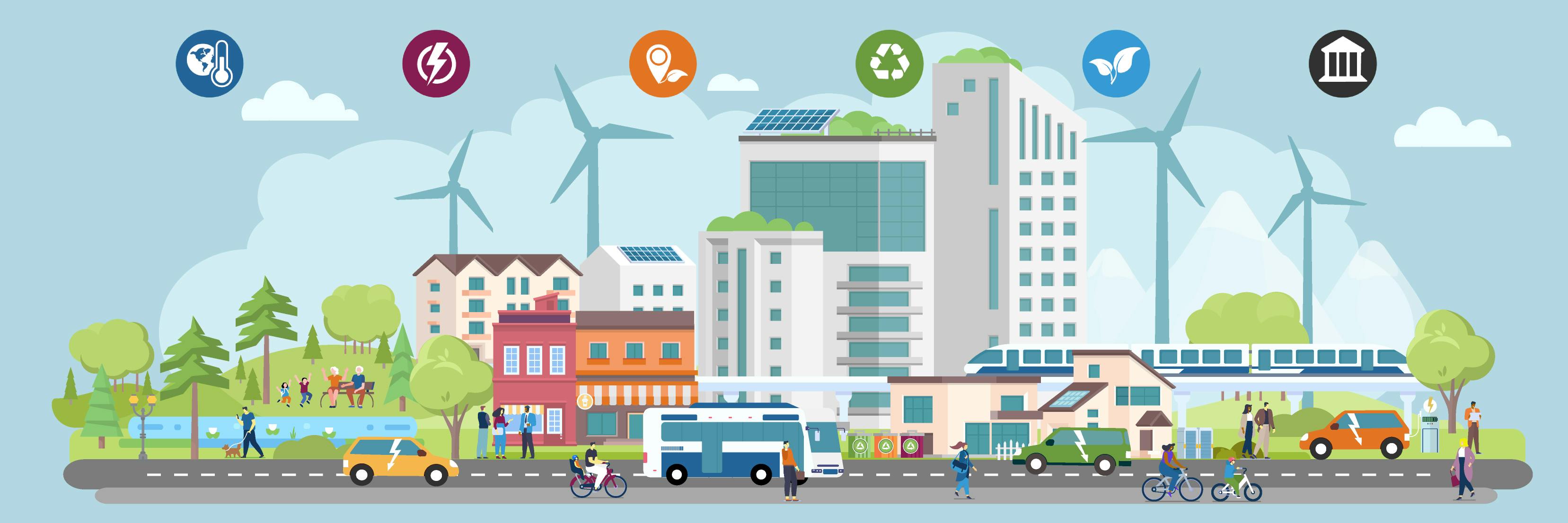 Stylized graphic illustration of symbolic sustainable icons in a grid pattern, including wind turbines and a solar panels.