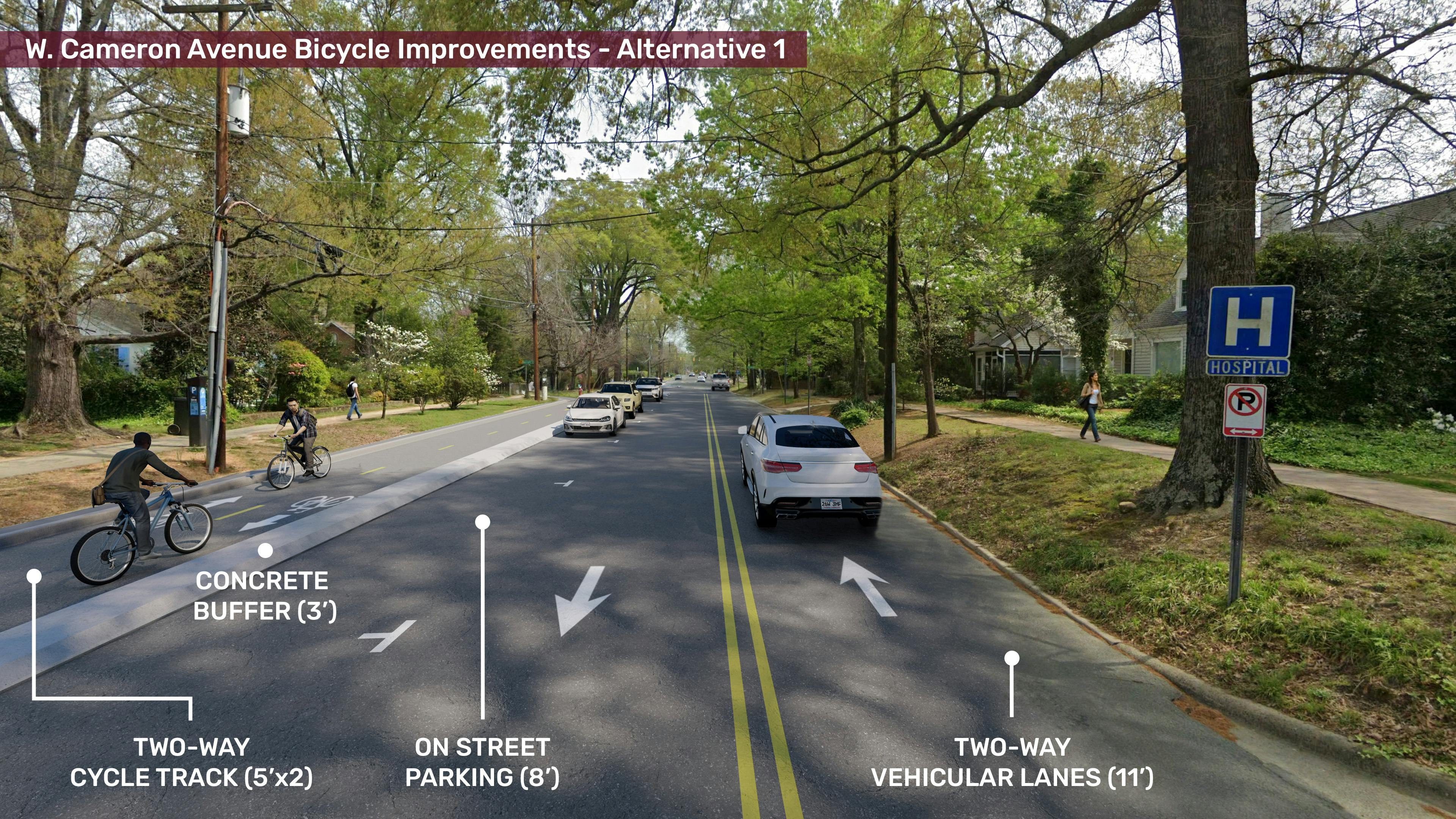 Image showing Alternative 1 for the W Cameron Ave Bike Improvement Project. Alternative 1 is a two way cycle track on the north side of Cameron Ave