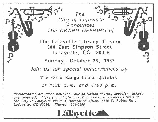 1987 Library Theater Grand Opening announcement