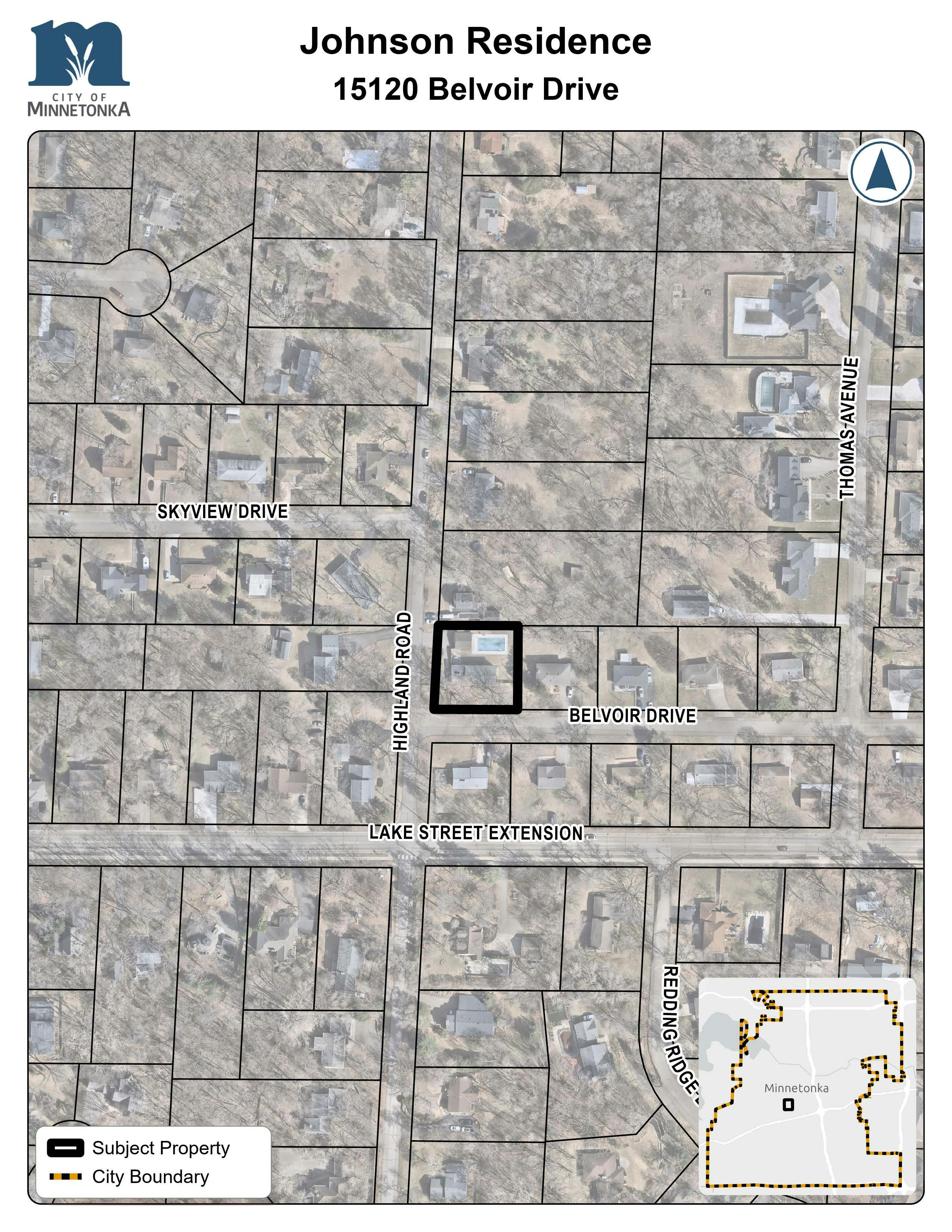 A map showing the subject property outlined in black at the corner of Highland Road and Belvoir Drive, with nearby streets including Skyview Drive and Lake Street Extension.