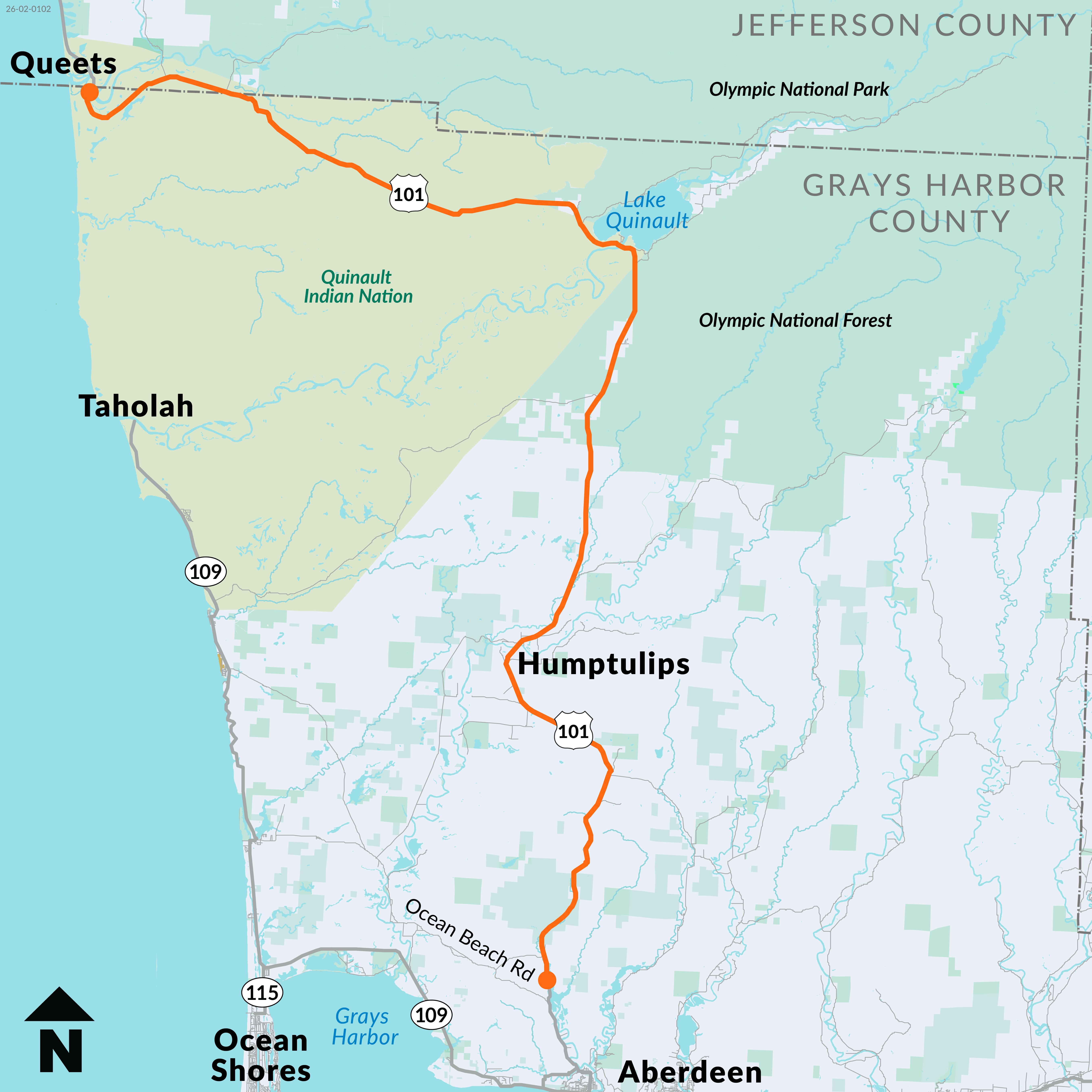 Map showing an orange line from Ocean Beach Road north of Aberdeen to Queets at the Grays Harbor County line indicating the paving project area.