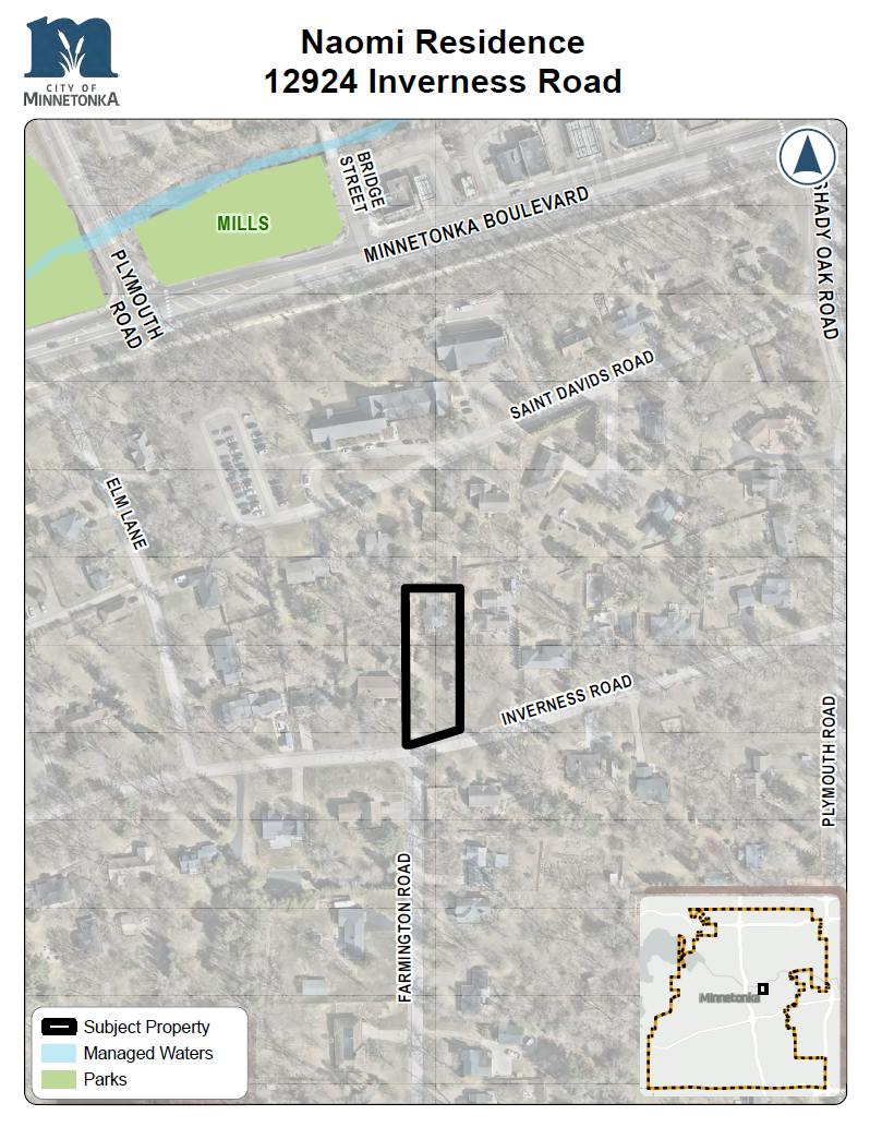 Map showing the Naomi Residence at 12924 Inverness Road in Minnetonka, with the property outlined and nearby streets and parks labeled