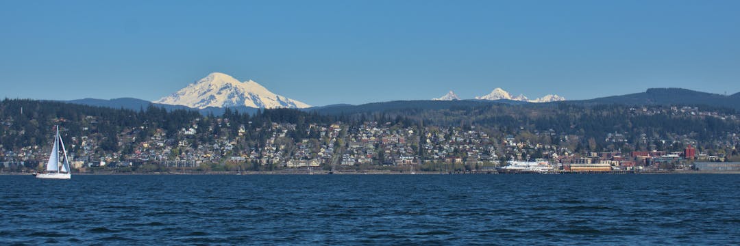 View of Bellingham and Cascade range from Bellingham Bay, photo by Isaac Cash