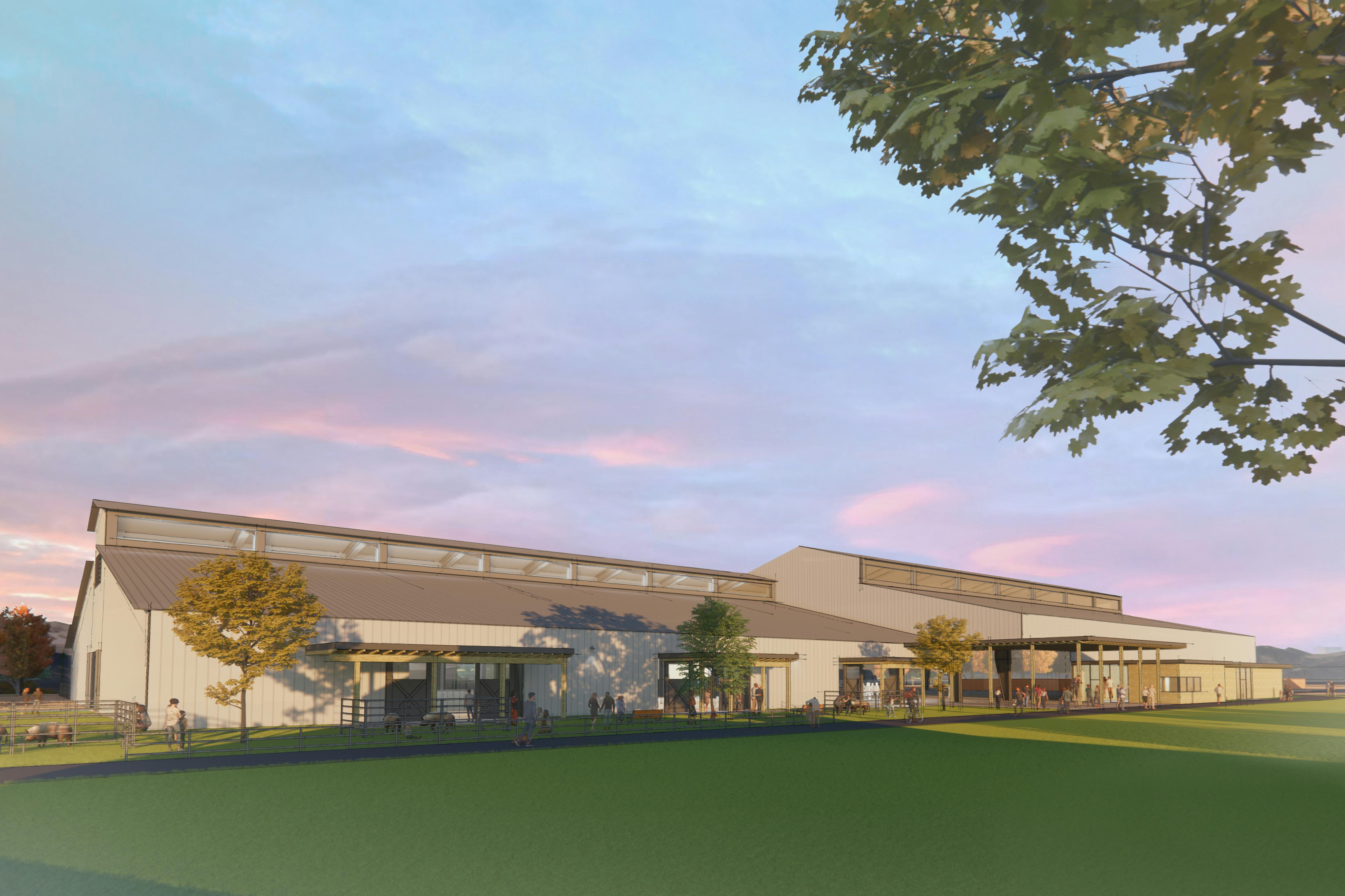 A rendering of the Livestock Center in the evening. 