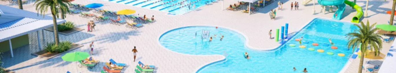 Rendering of pool with pool chairs, palm trees and umbrellas