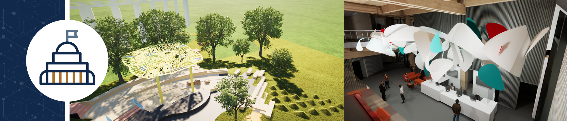 Project Banner showing two artist concepts--one with an outside pavilion and the other a large indoor ceiling installation.