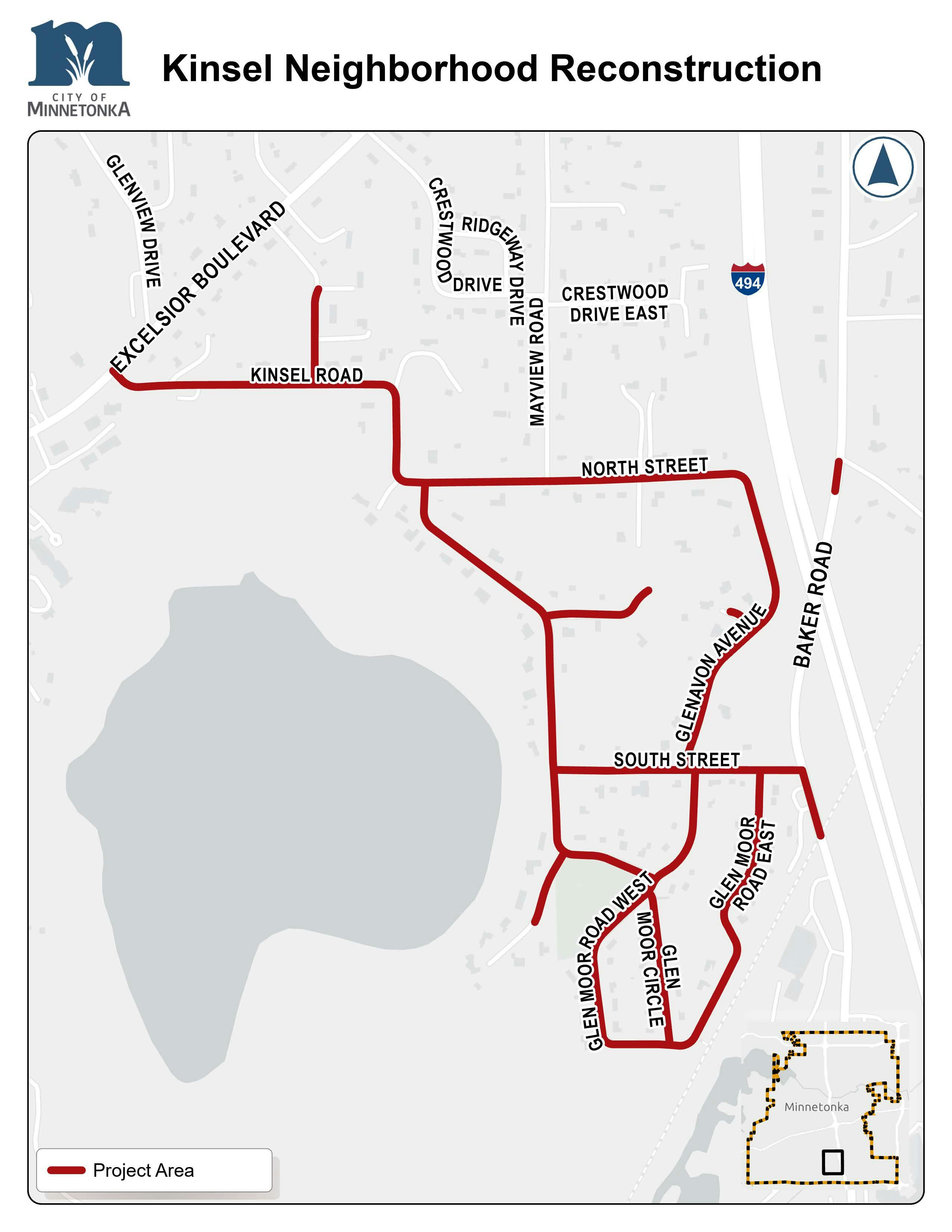 Map showing the Kinsel Neighborhood Reconstruction project area in Minnetonka, with highlighted segments on Kinsel Road, North Street, South Street, Glen Avon Avenue, and the Glen Moor Road loops near Excelsior Boulevard and Baker Road