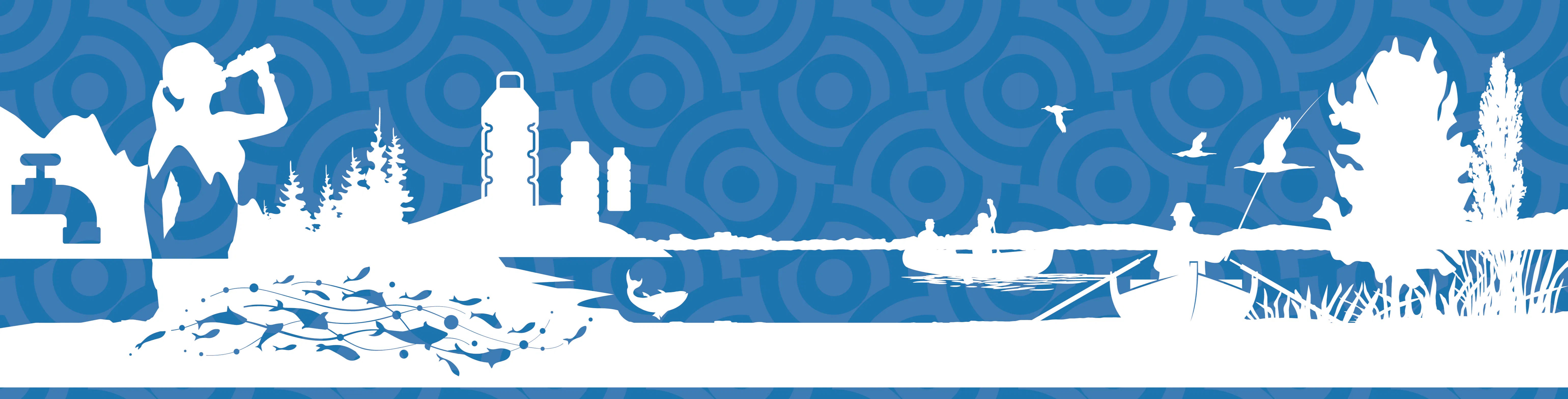 Graphic of activities on a lake including boating and fishing, as well as a person drinking water outside