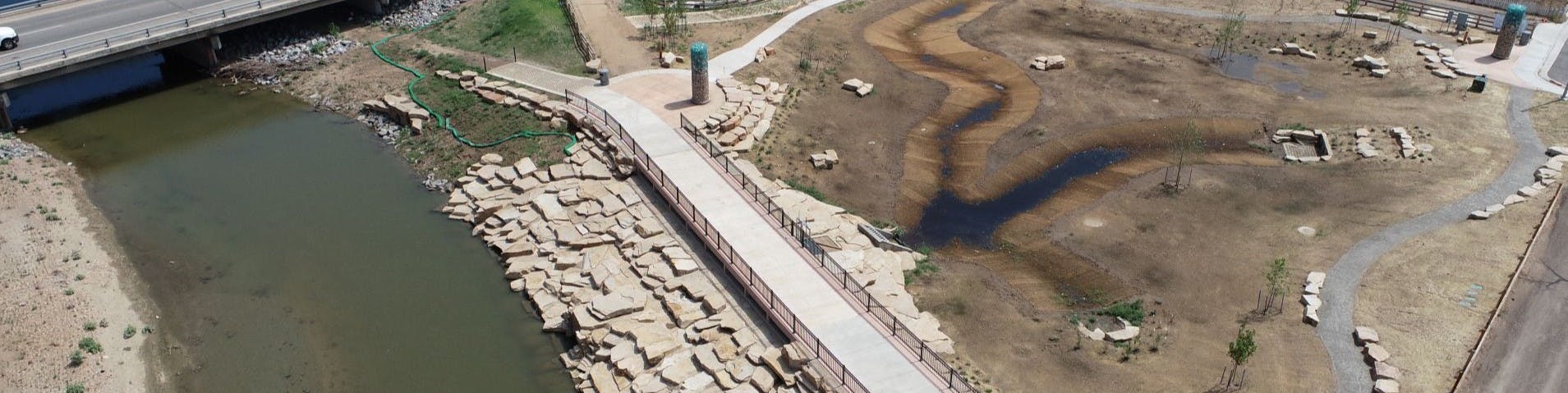A view from the sky of a new stormwater outfall on 12th Street along the Poudre River in Greeley, Colorado.