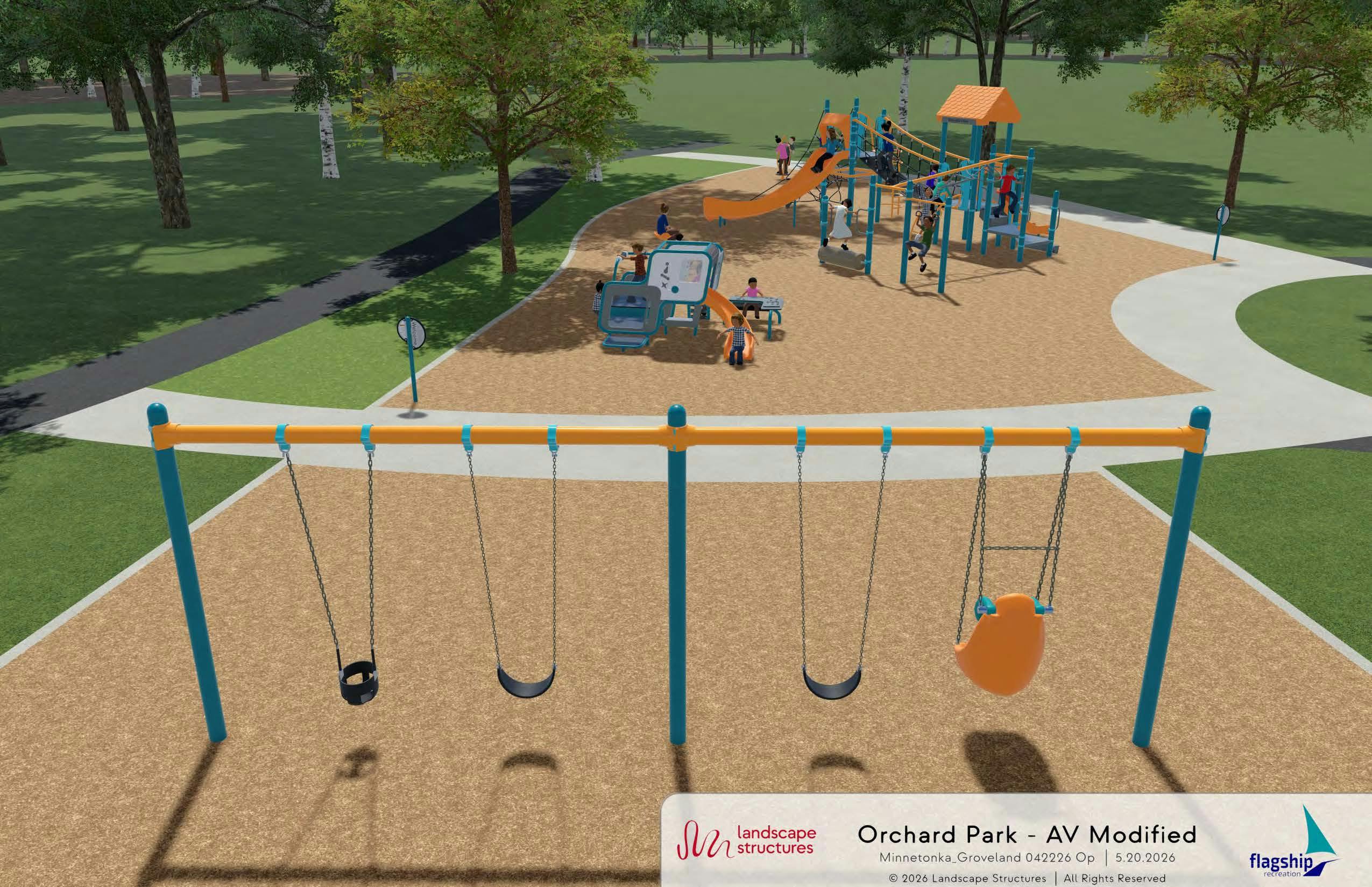 Rendering of a playground with swings in the foreground and climbing structures, slides, and interactive panels in the background, all set in a wooded park with paved paths.