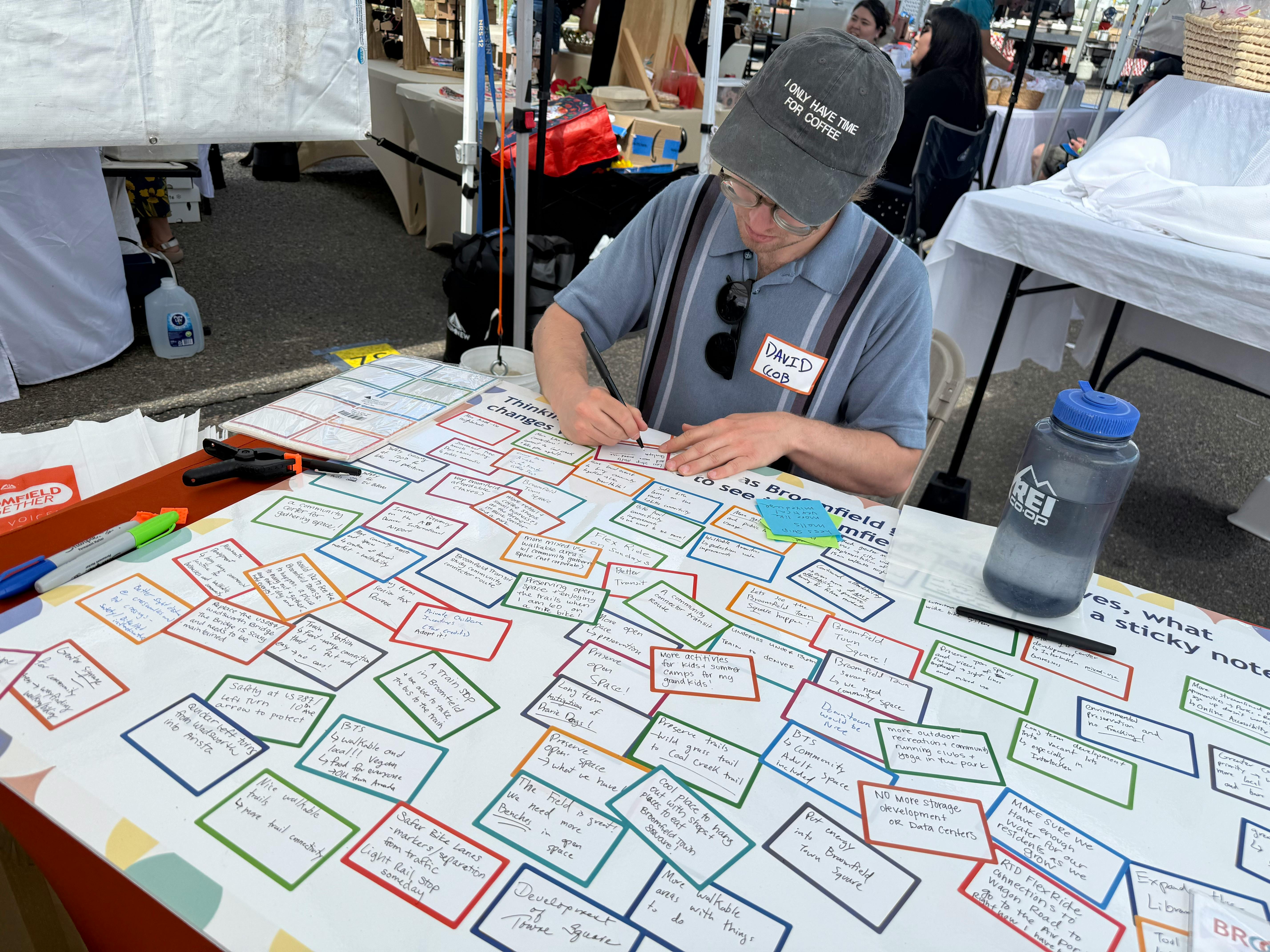 A photograph of a man writing on a large community engagement board at an outdoor event. The board features a grid of colored sticker boxes filled with handwritten suggestions for city improvements. 