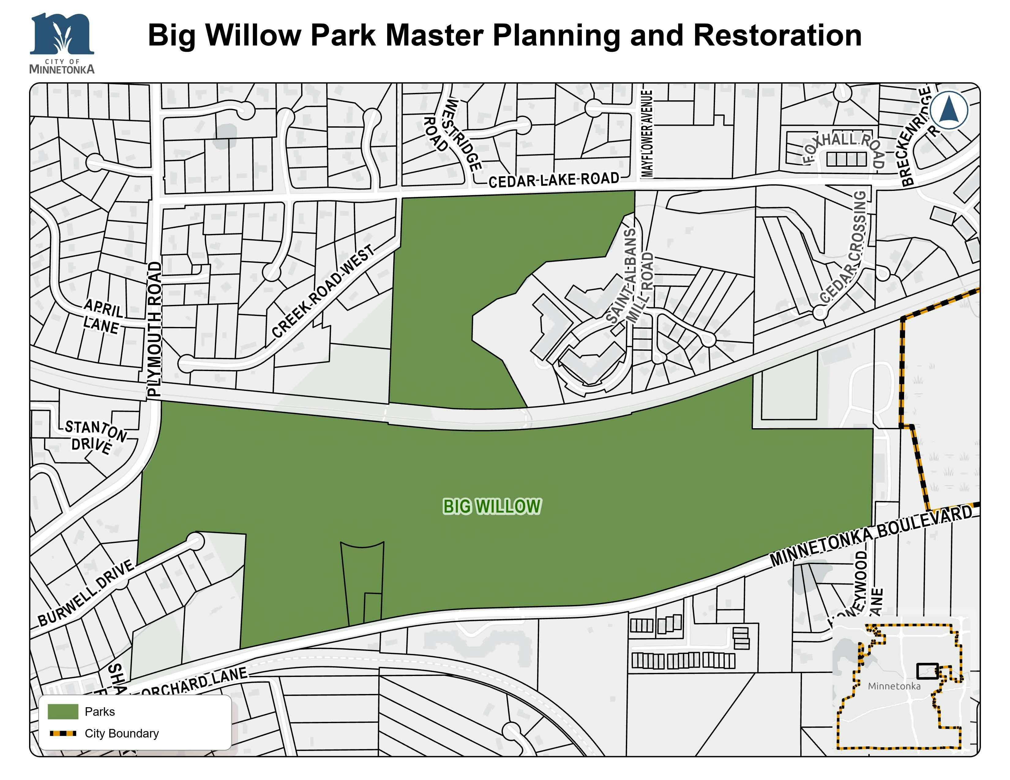 A map showing Big Willow Park highlighted in green, bordered by Minnetonka Boulevard, Cedar Lake Road, Creek Road West, and nearby neighborhood streets. An inset map marks the park’s location within Minnetonka.