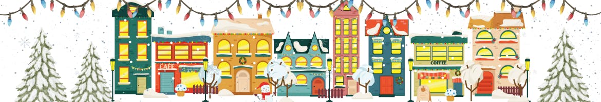 Trees, cartoon main street buildings a