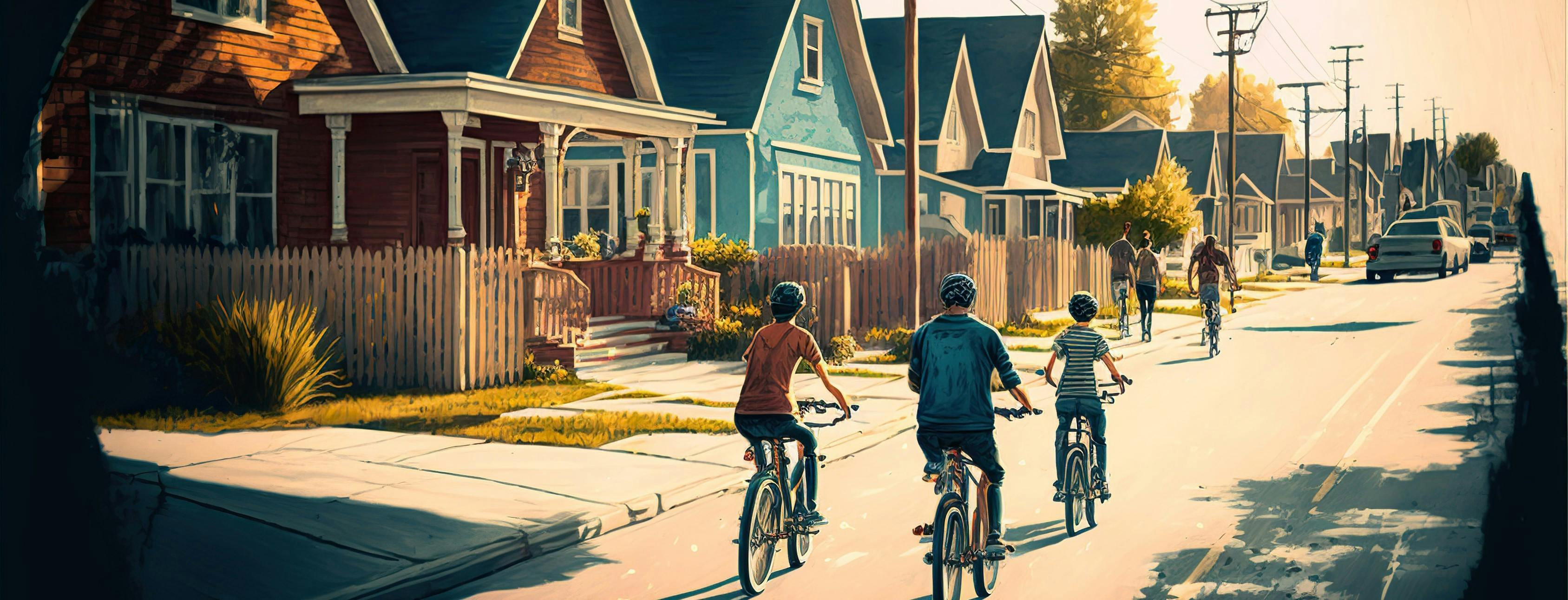 Three people riding bikes down a house lined street. There are three people and two cars in the distance.