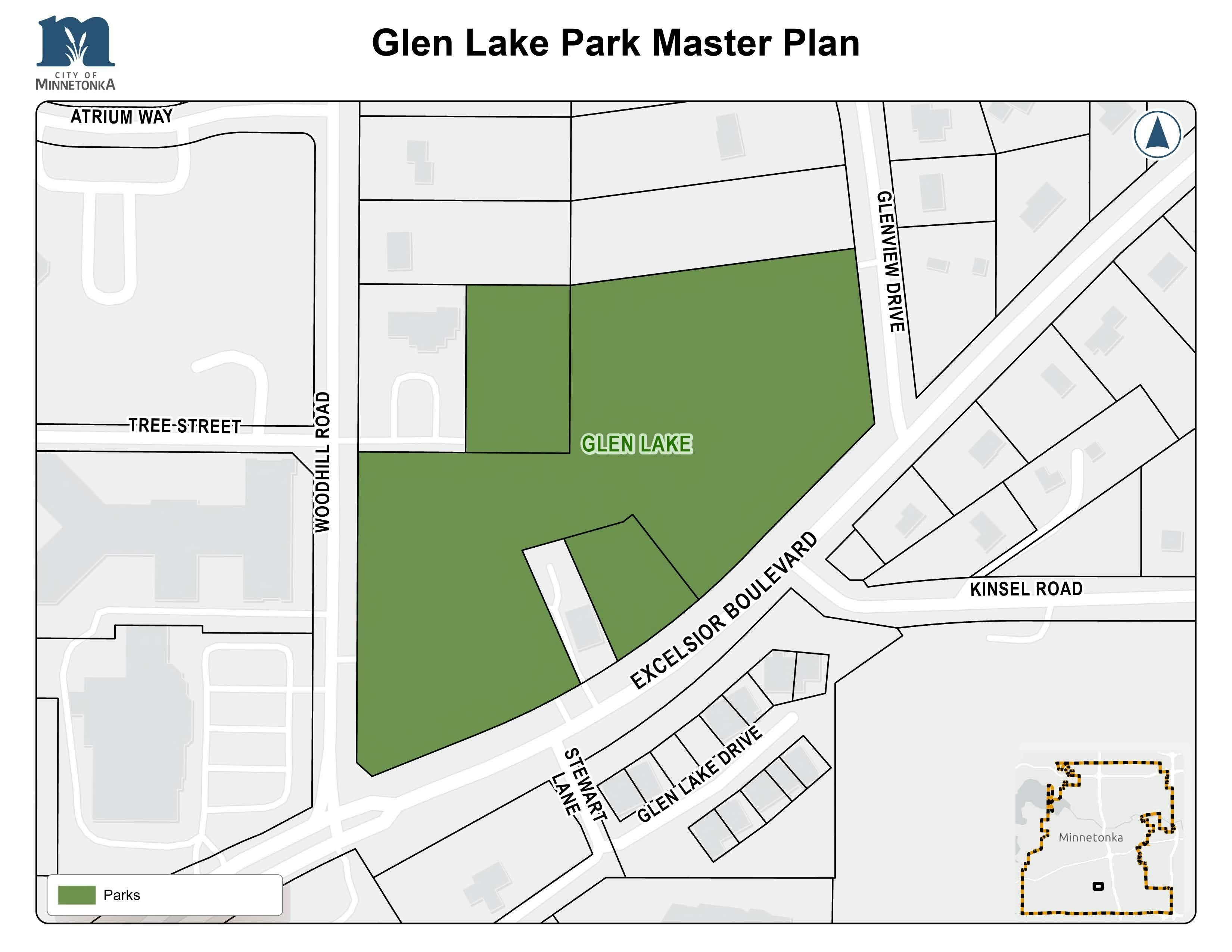 A map showing Glen Lake Park highlighted in green, bordered by Woodhill Road, Glenview Drive, and Excelsior Boulevard. Residential blocks surround the park. An inset map marks its location in Minnetonka.