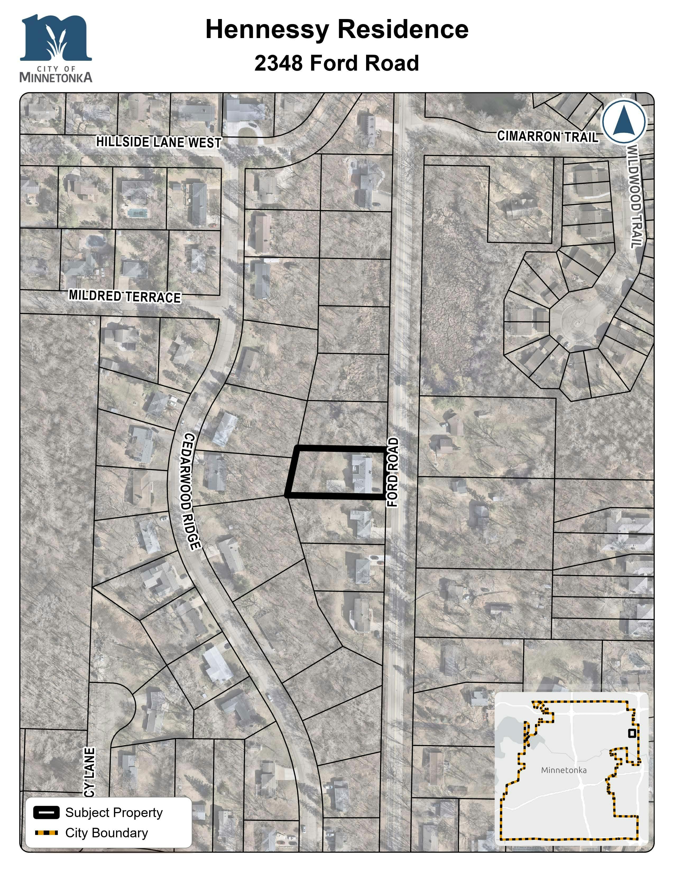 Map showing the subject property outlined in black at 2348 Ford Road in Minnetonka, located between Ford Road and Cedarwood Ridge near Mildred Terrace