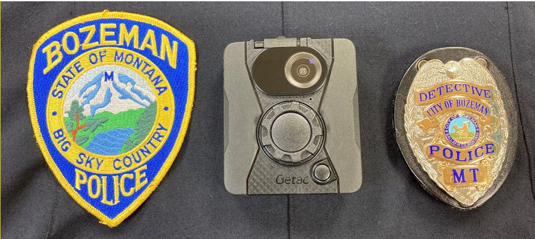 An image of a police badge, a body worn camera, and a detective badge