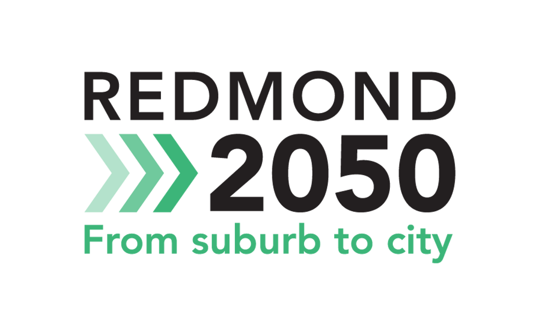 Background images is an aerial photo of the city, with a large green arrow and the Redmond 2050 logo superimposed on top.  