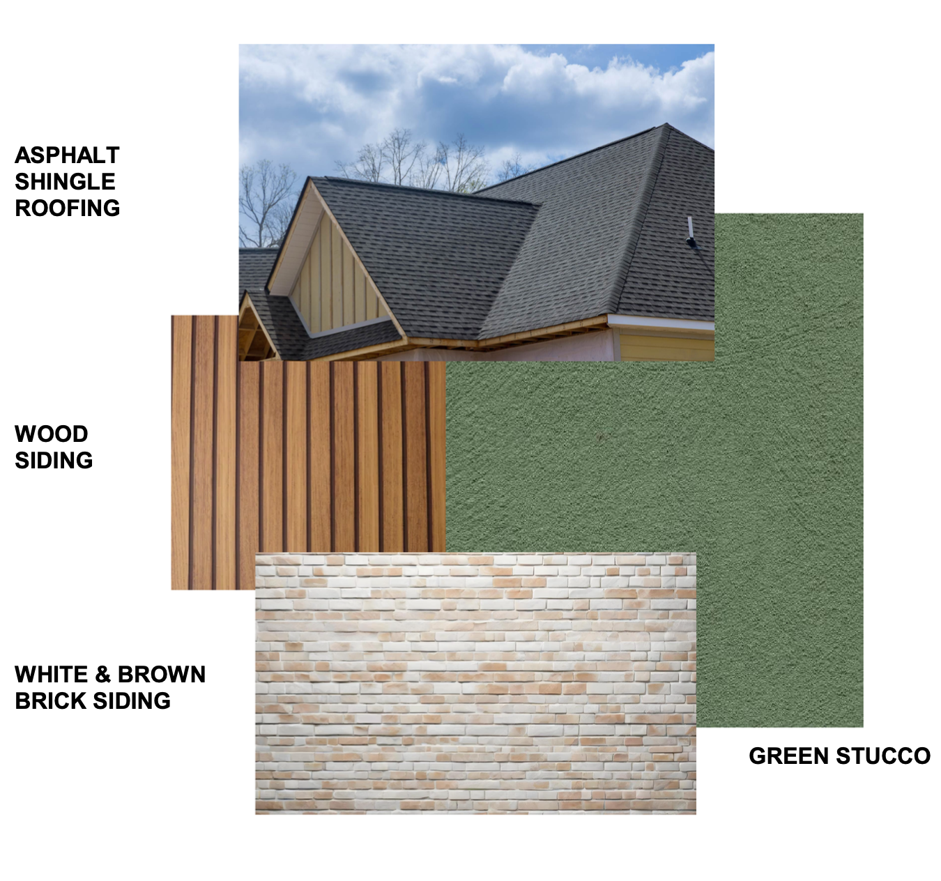 Asphalt Shingle/Wood Siding/White & Brown Brick/Green Stucco