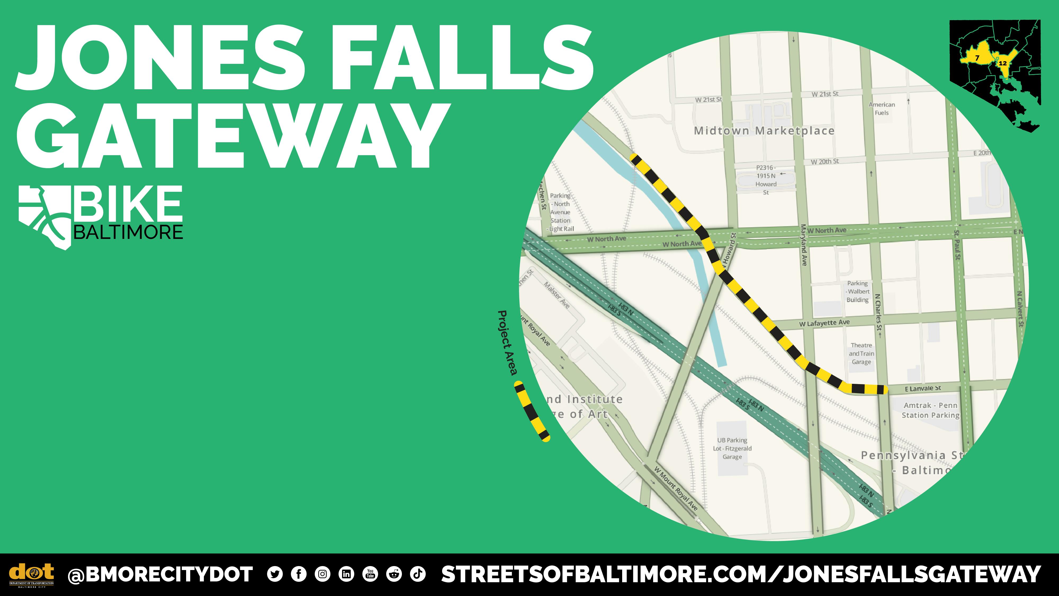 This image is a promotional graphic for the "Jones Falls Gateway" project by Bike Baltimore. The main text reads "Jones Falls
