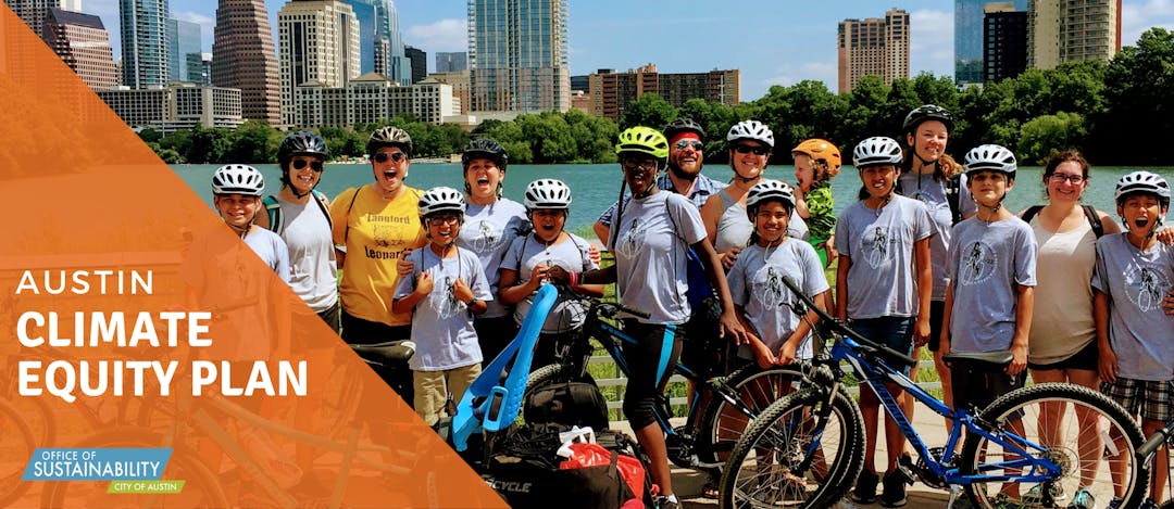 Austin's Community Climate Plan graphic overlays photo of kids posing with bikes. Austin city skyline is in the background.