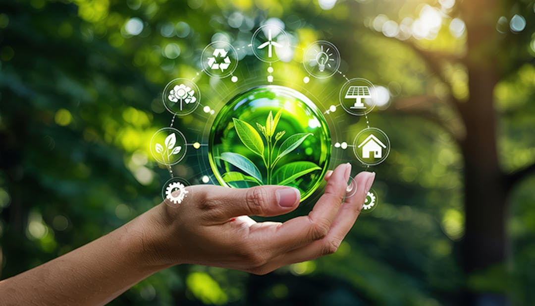 Hand holding orb with sustainability graphics circling 
