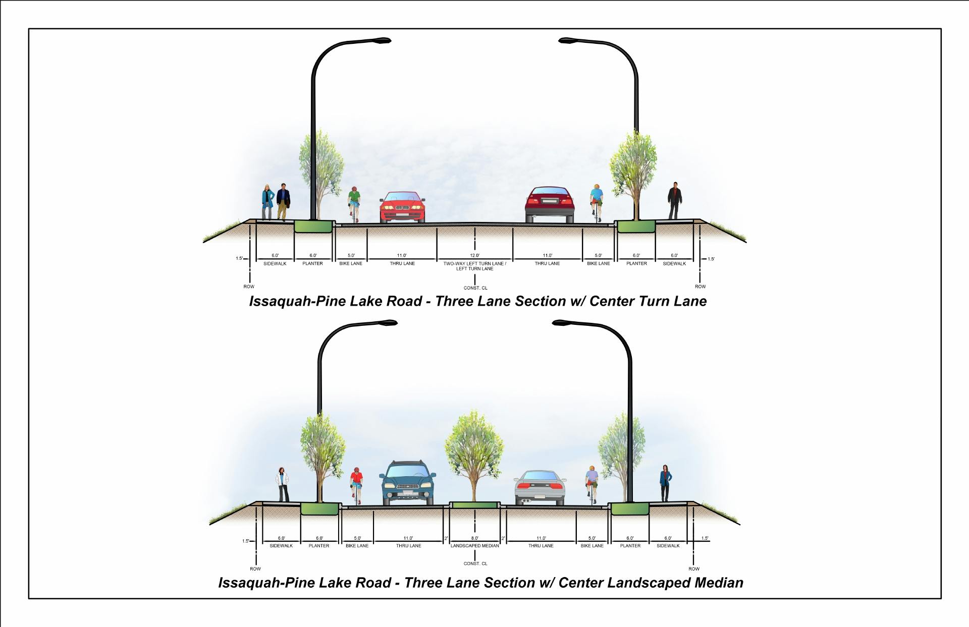 Illustration of two different cross-sections of Issaquah-Pine Lake Road. 