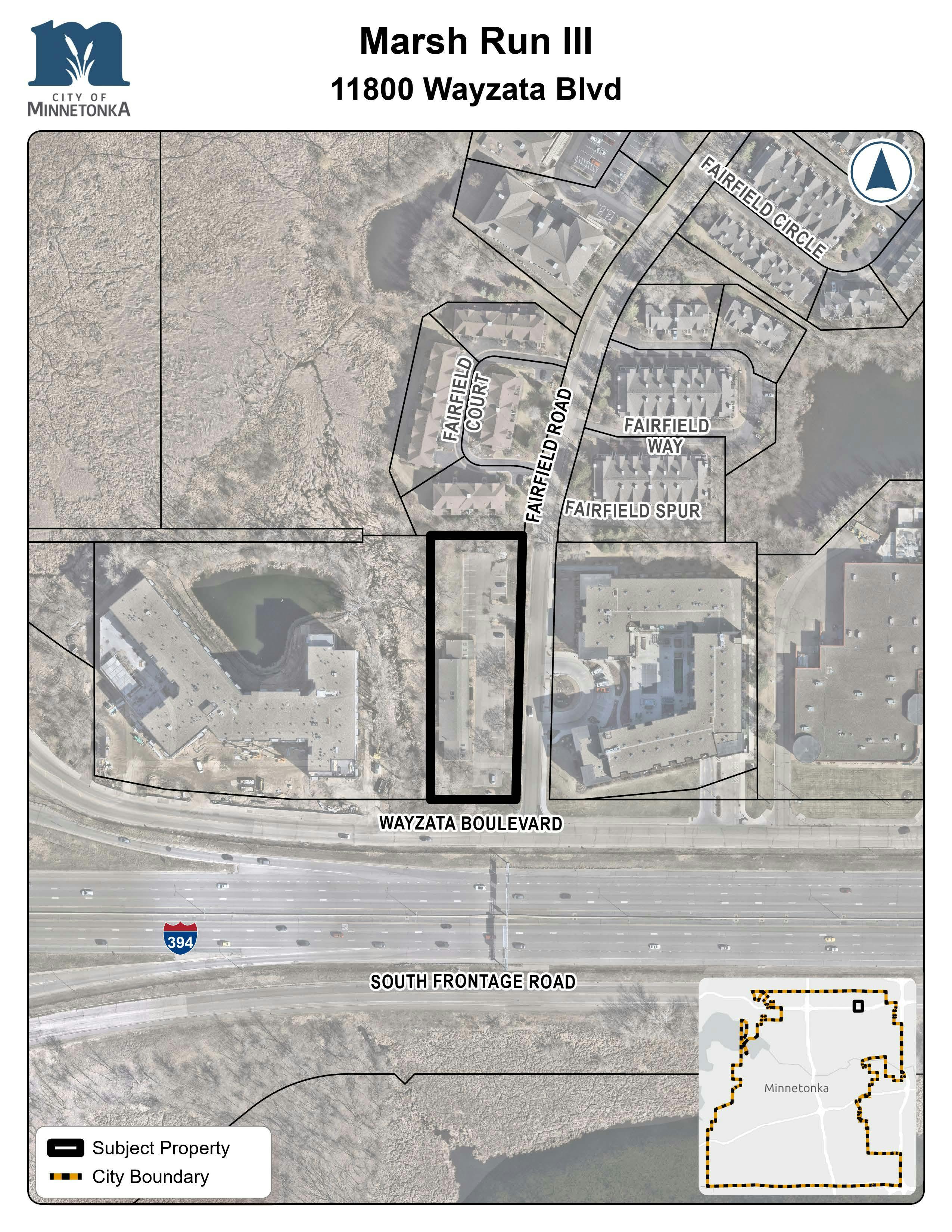 Map showing the subject property outlined in black at 11800 Wayzata Boulevard in Minnetonka, located between Fairfield Road and Wayzata Boulevard just north of I‑394