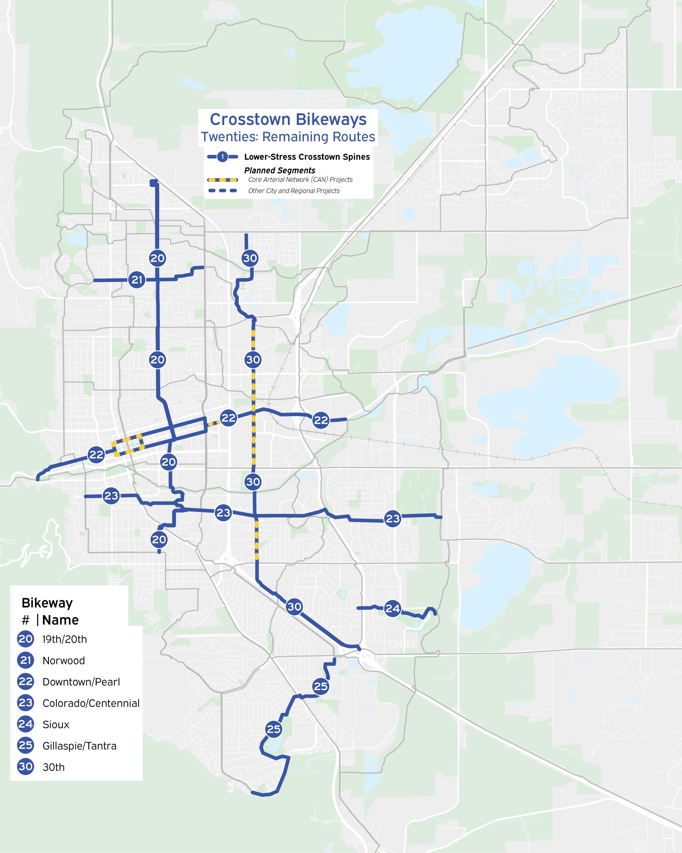 Map of Boulder with on- and off-street bike facilities designated 20-25 and 30