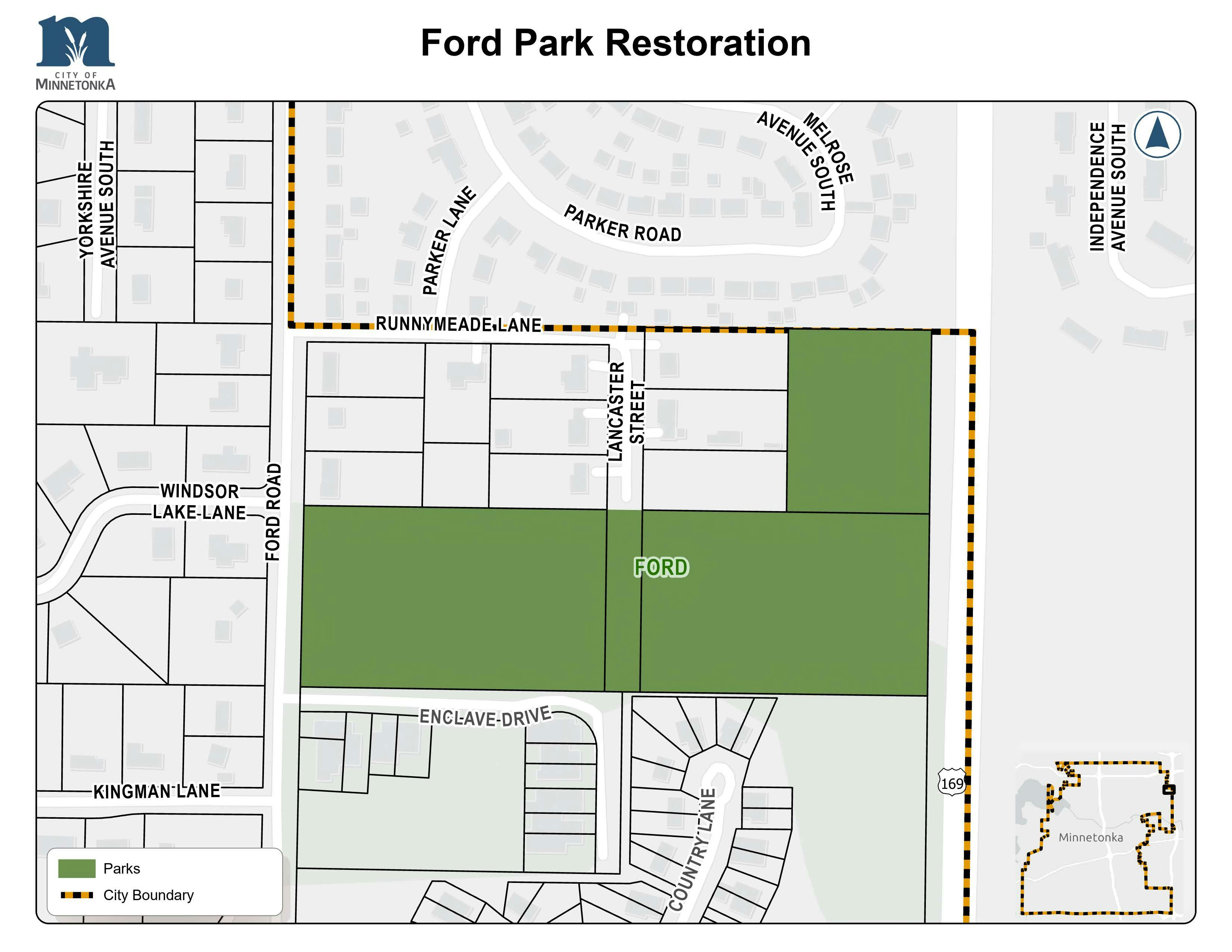 A map showing Ford Park highlighted in green, located near Ford Road, Runnymede Lane, and Lancaster Street. A dashed orange line marks the city boundary. An inset map shows the park’s location in Minnetonka.