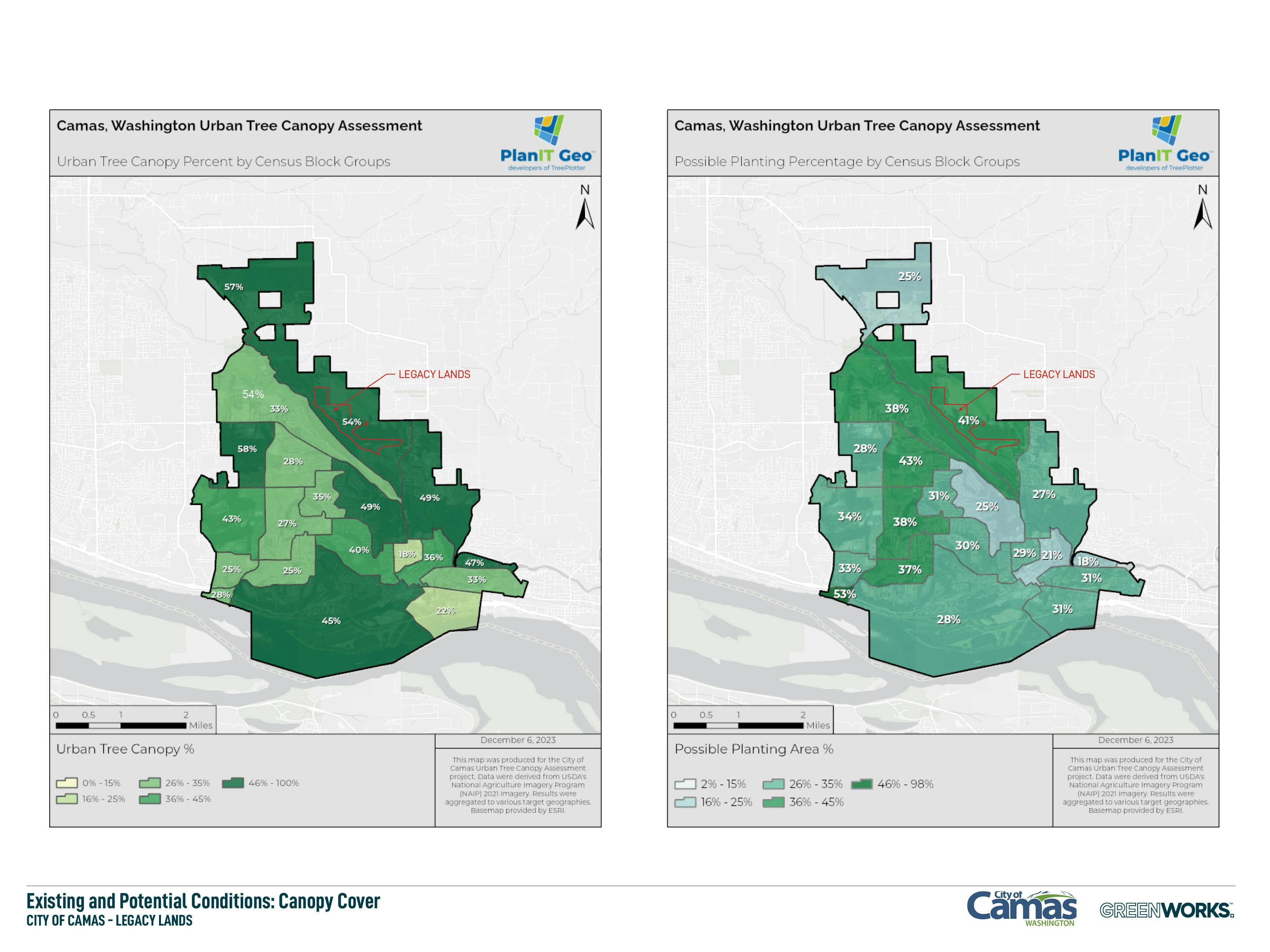 Map of the Camas area showing existing and potential conditions for canopy cover