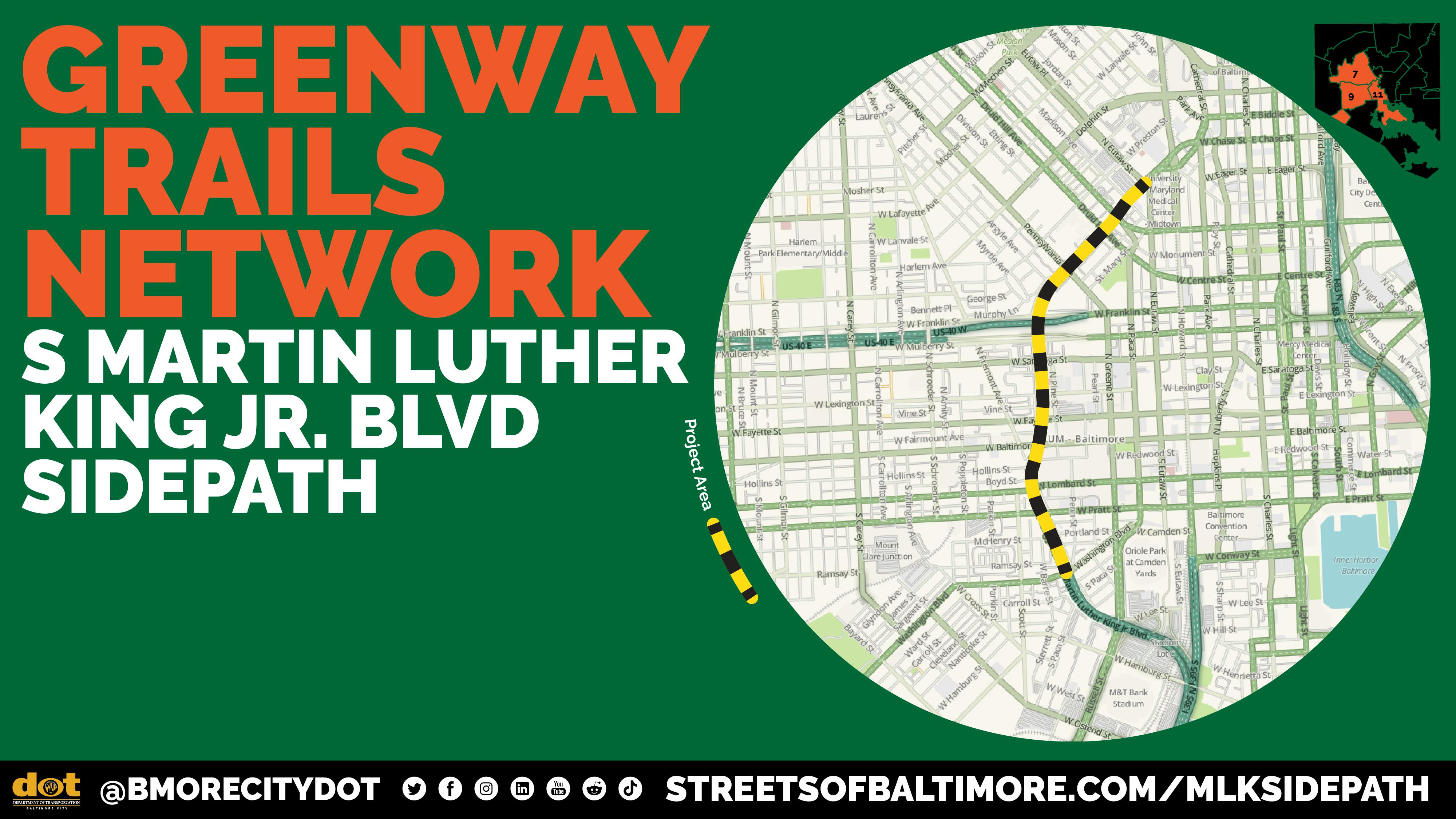 Graphic from the Baltimore City Department of Transportation showing the S Martin Luther King Jr. Blvd Sidepath segment of th