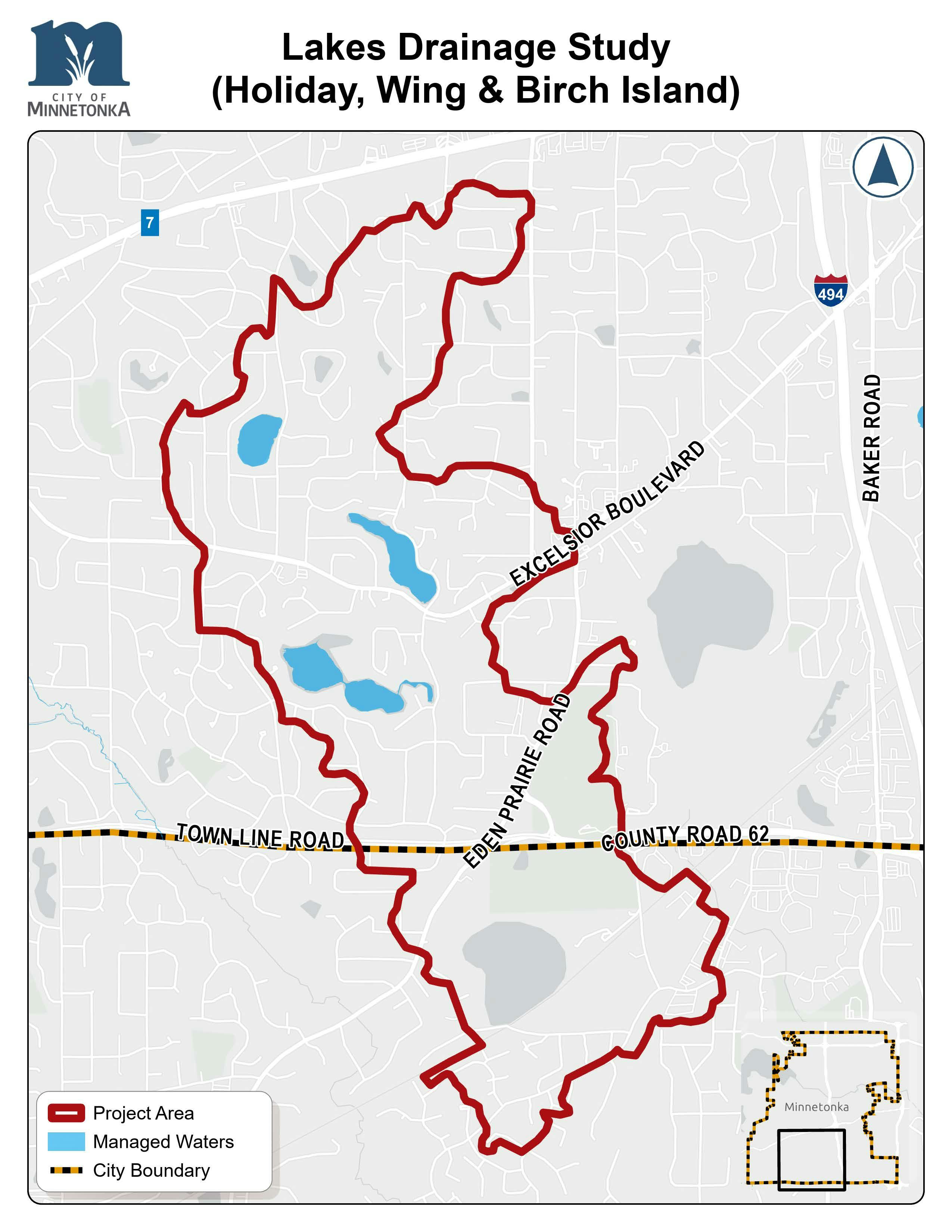 Map showing the Lakes Drainage Study area for Holiday, Wing, and Birch Island in Minnetonka. The project boundary is outlined in red, with several blue managed water bodies inside and major roads such as Excelsior Boulevard and Eden Prairie Road labeled