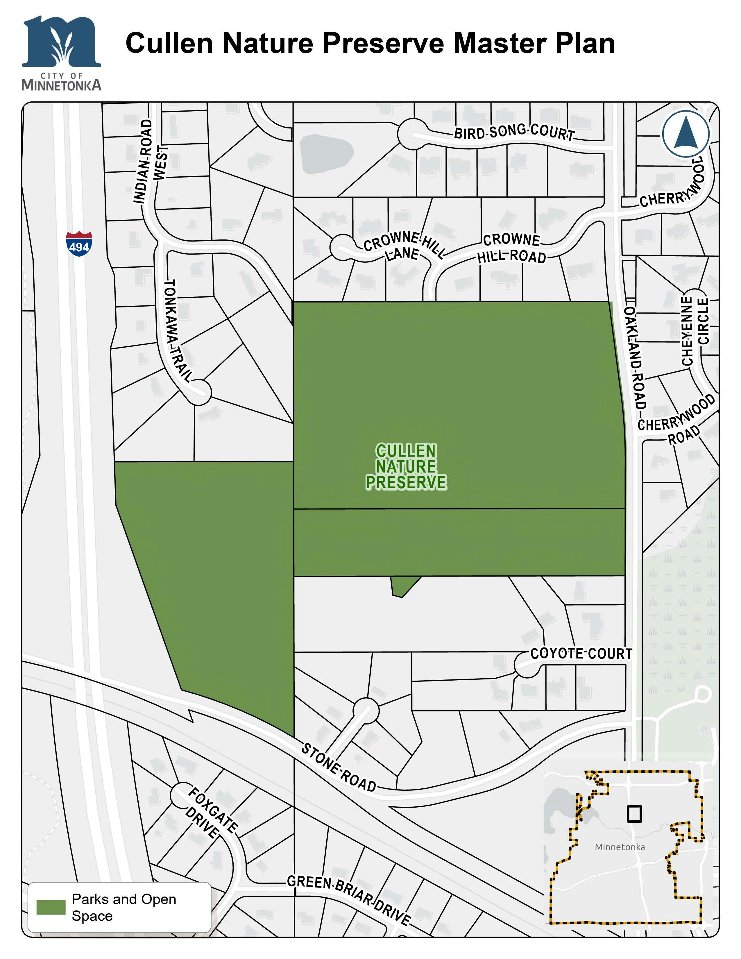 A map showing Cullen Nature Preserve highlighted in green, bordered by Stone Road, Tonkawood Road, and neighborhood streets such as Crowne Hill Lane and Coyote Court. An inset map shows the preserve’s location in Minnetonka.
